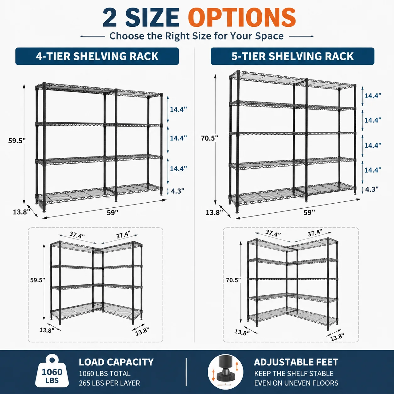 Heavy Duty Metal Storage Shelving Rack 4/5 Tier Adjustable Wire Shelf Garage Organizer 1060LBS Capacity Steel Storage Rack L Shape Corner Shelf Boltless Assembly for Pantry Basement Workshop