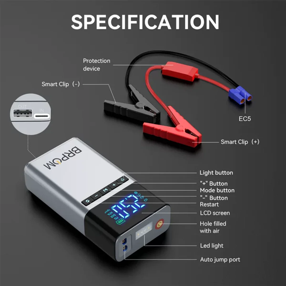 9500A Portable Car Charger, Jump Starter, Rechargeable Battery, Car Battery Launcher, Restoration Item Emergency Starter With Air Compressor Portable Car Battery Booster With 150PSI Auto-Stop Tire Inflator 10.0L Diesel