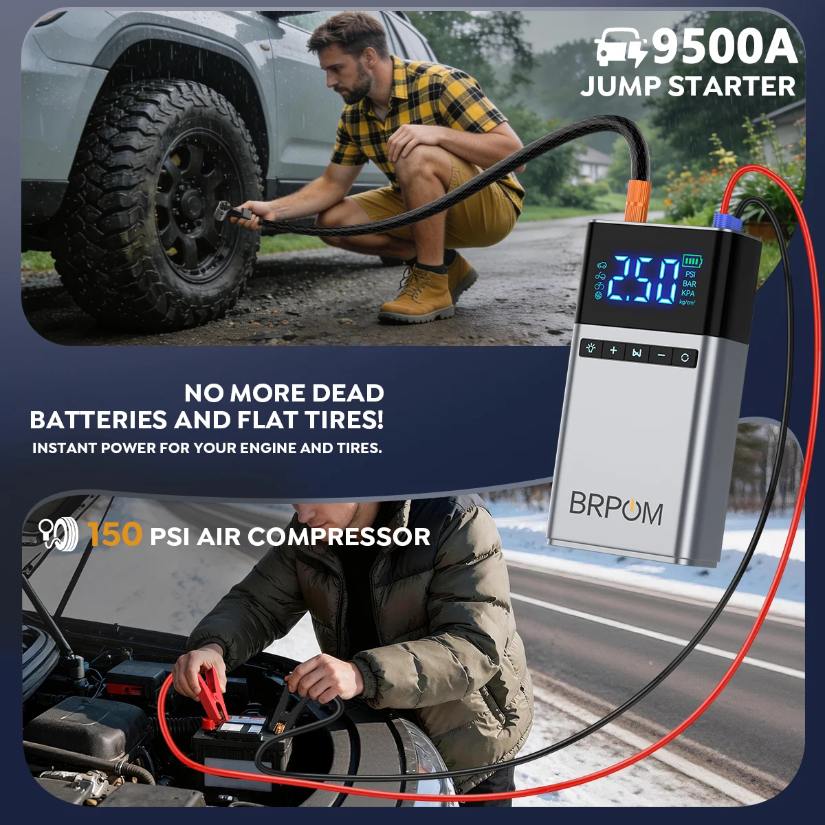 9500A Portable Car Charger, Jump Starter, Rechargeable Battery, Car Battery Launcher, Restoration Item Emergency Starter With Air Compressor Portable Car Battery Booster With 150PSI Auto-Stop Tire Inflator 10.0L Diesel