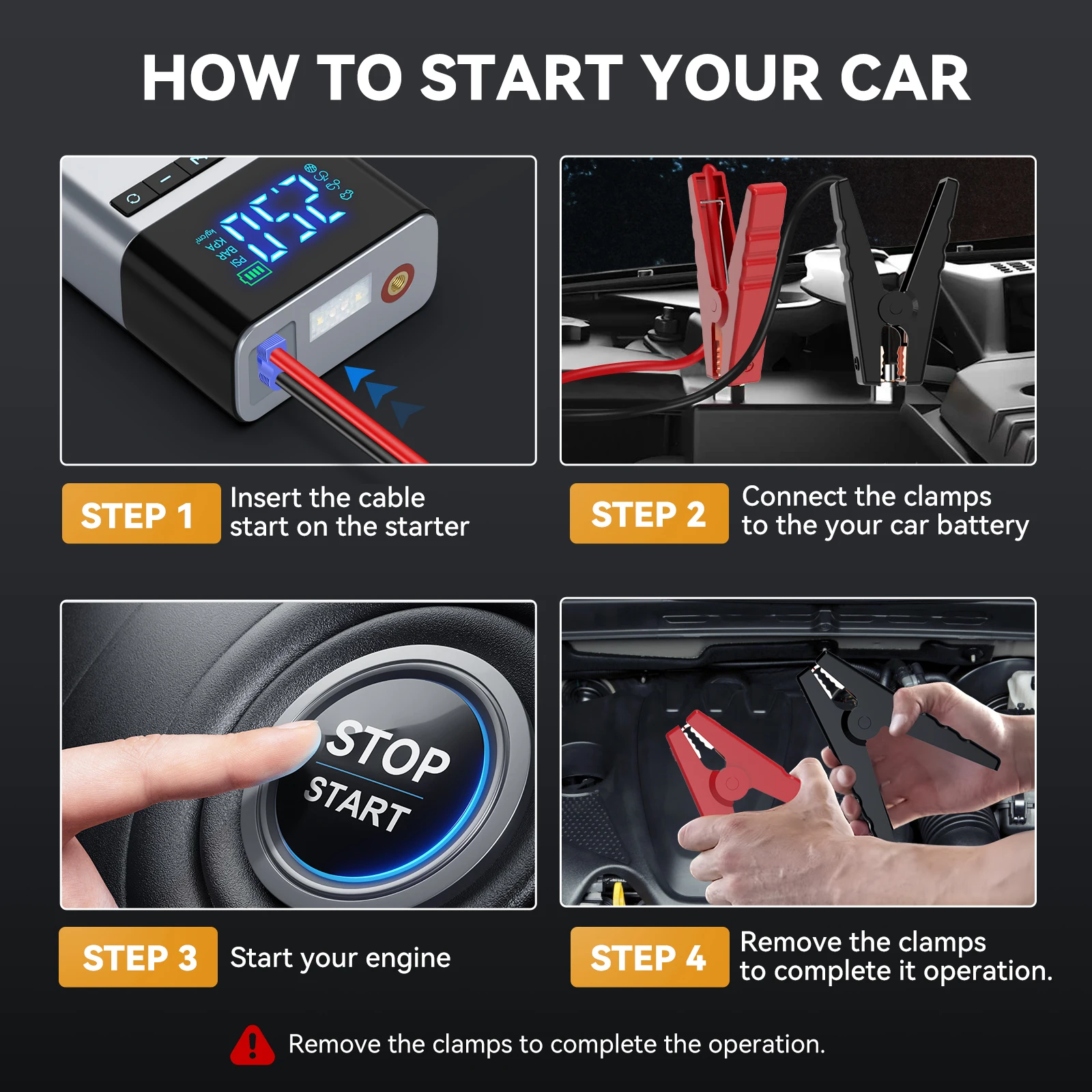 9500A Portable Car Charger, Jump Starter, Rechargeable Battery, Car Battery Launcher, Restoration Item Emergency Starter With Air Compressor Portable Car Battery Booster With 150PSI Auto-Stop Tire Inflator 10.0L Diesel