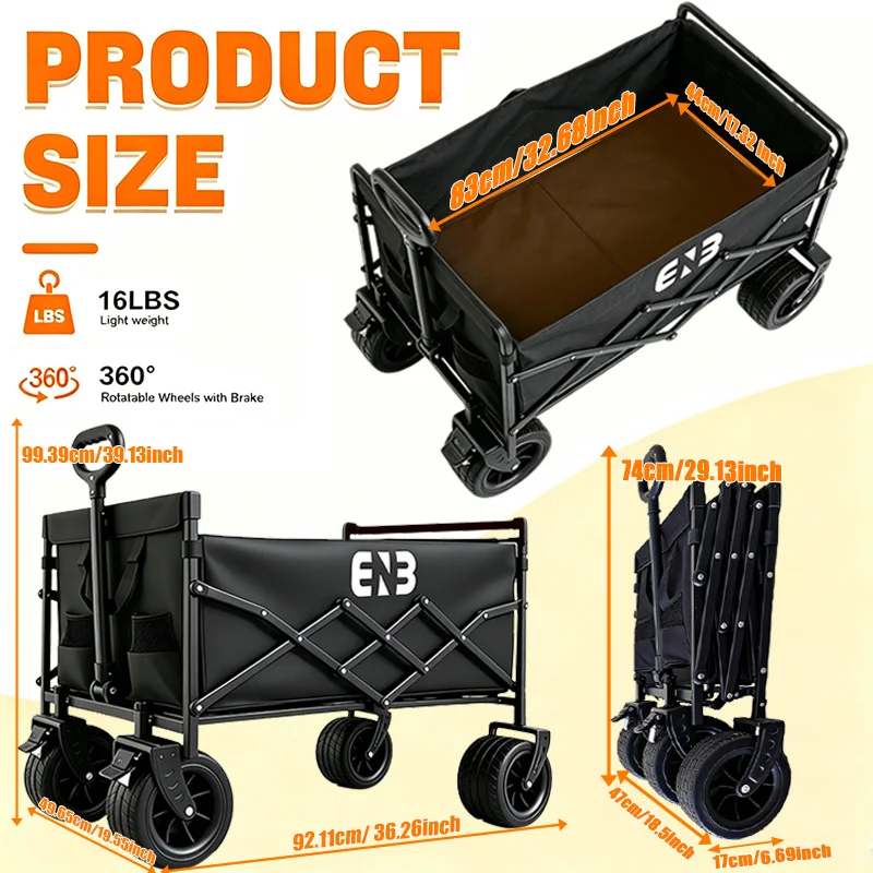Quiet All-Terrain Folding Multifunctional Shopping Cart—Large Storage Capacity, One-Button Folding for Easy Storage, Black Waterproof Oxford Fabric with Side Cup Holders—Ideal for Camping, Outings, Gardening, and Heavy-Duty Grocery Hauling