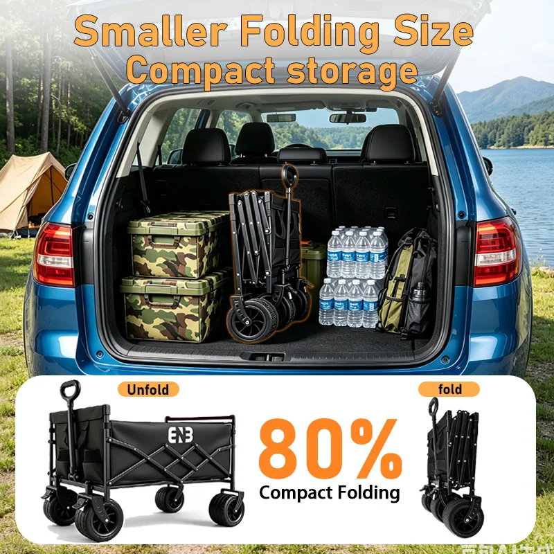 Quiet All-Terrain Folding Multifunctional Shopping Cart—Large Storage Capacity, One-Button Folding for Easy Storage, Black Waterproof Oxford Fabric with Side Cup Holders—Ideal for Camping, Outings, Gardening, and Heavy-Duty Grocery Hauling