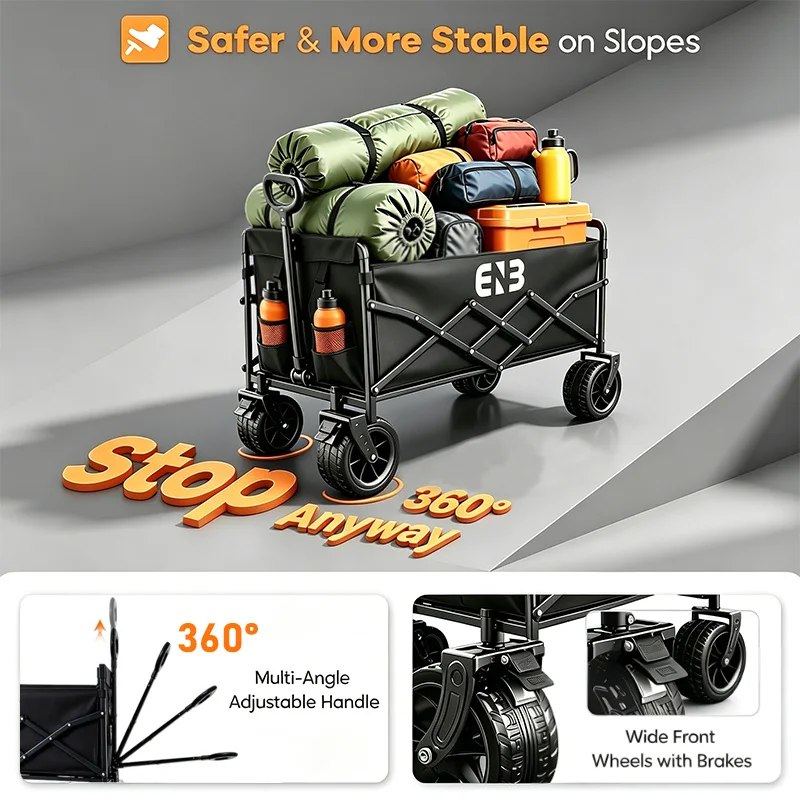 Quiet All-Terrain Folding Multifunctional Shopping Cart—Large Storage Capacity, One-Button Folding for Easy Storage, Black Waterproof Oxford Fabric with Side Cup Holders—Ideal for Camping, Outings, Gardening, and Heavy-Duty Grocery Hauling