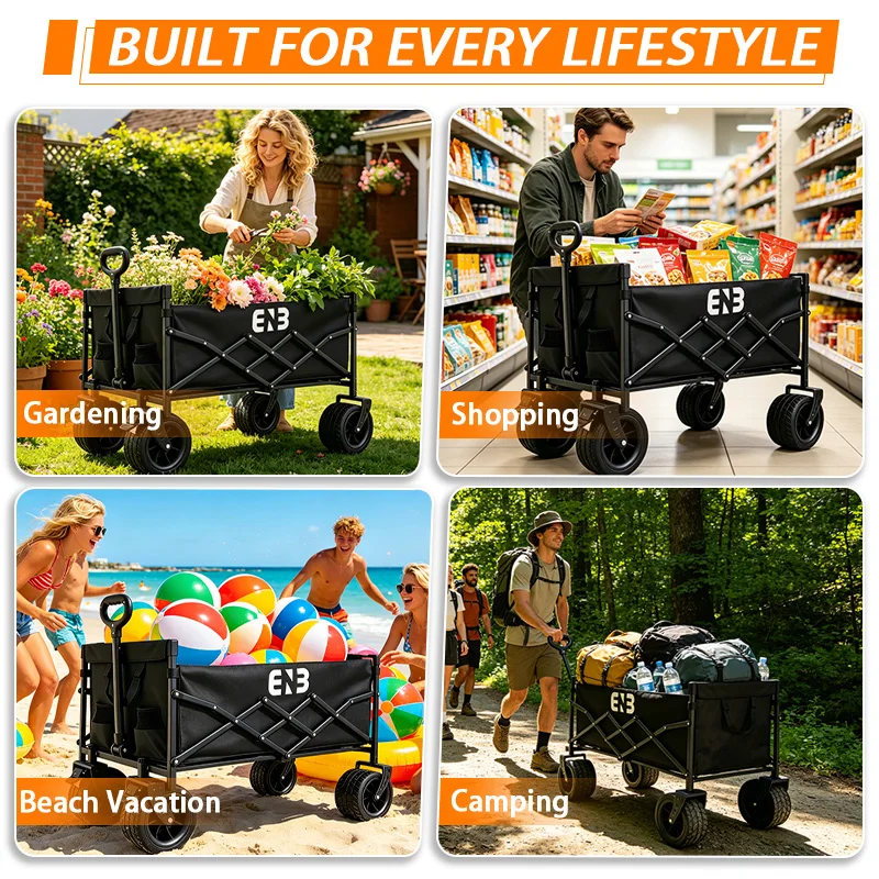 Quiet All-Terrain Folding Multifunctional Shopping Cart—Large Storage Capacity, One-Button Folding for Easy Storage, Black Waterproof Oxford Fabric with Side Cup Holders—Ideal for Camping, Outings, Gardening, and Heavy-Duty Grocery Hauling