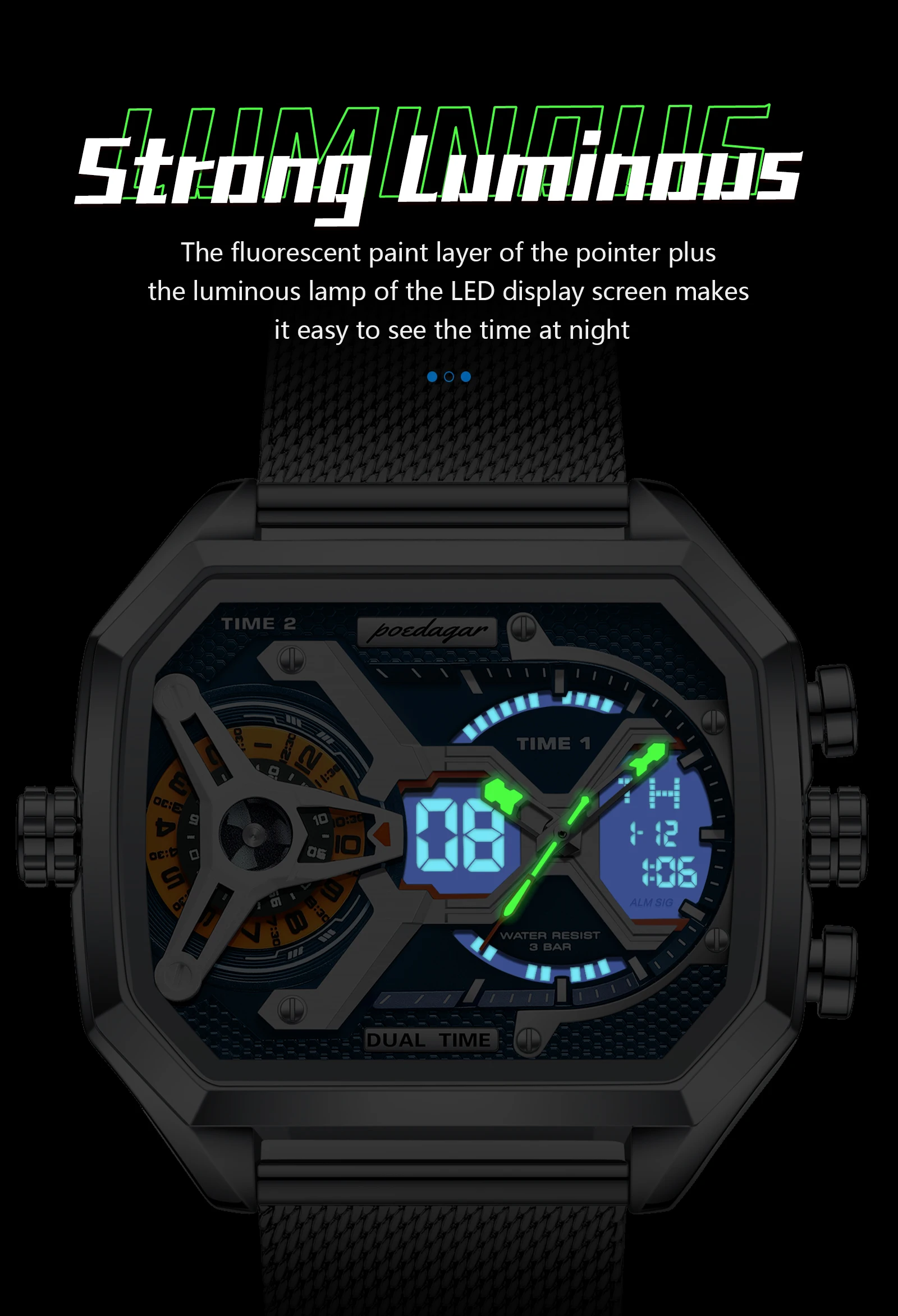 POEDAGAR Top Luxury Digital Men's Watches Stainless Steel Mesh Waterproof Date Week Quartz Man Wristwatch LED Electronic Fashion Sports Men Clock Reloj