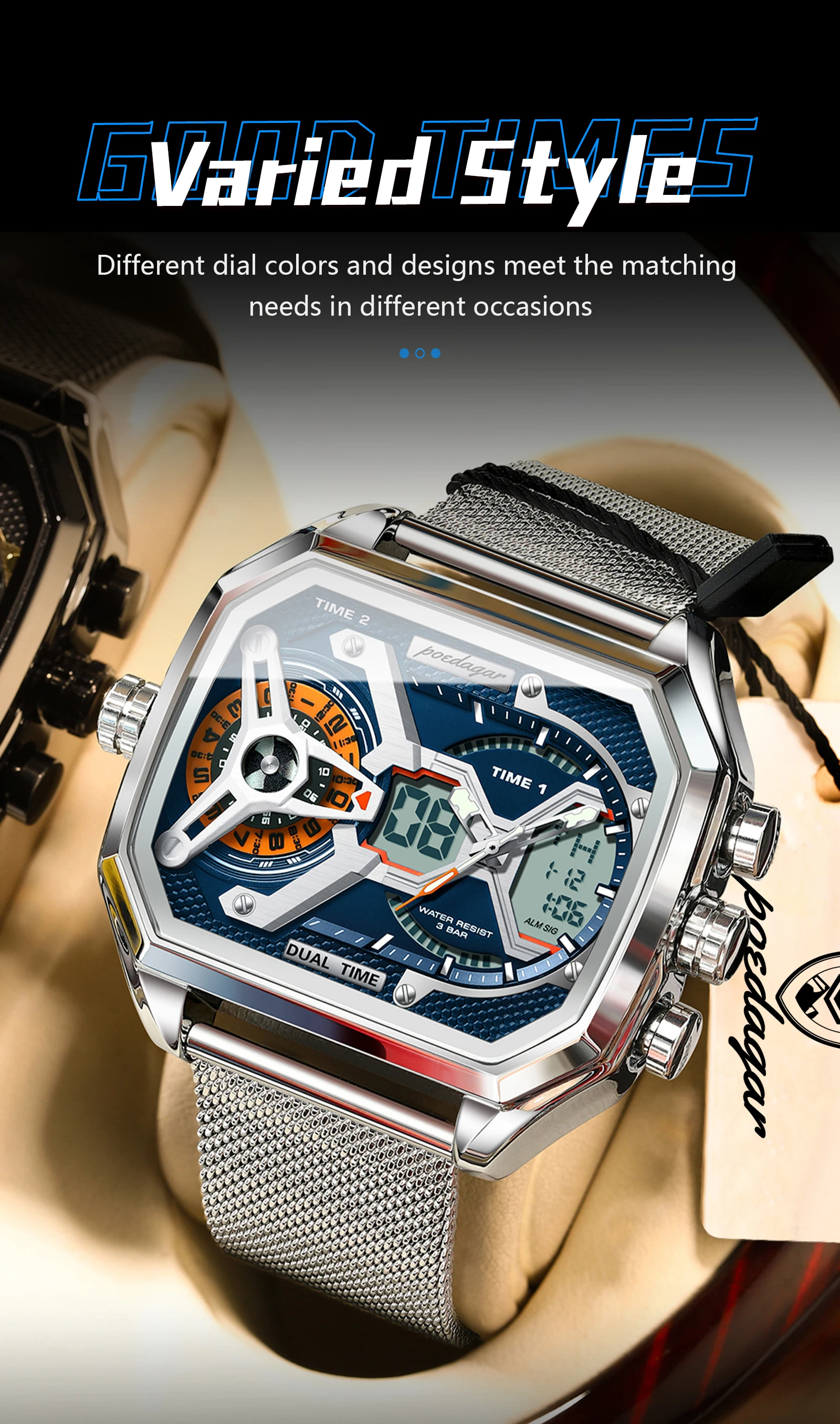POEDAGAR Top Luxury Digital Men's Watches Stainless Steel Mesh Waterproof Date Week Quartz Man Wristwatch LED Electronic Fashion Sports Men Clock Reloj