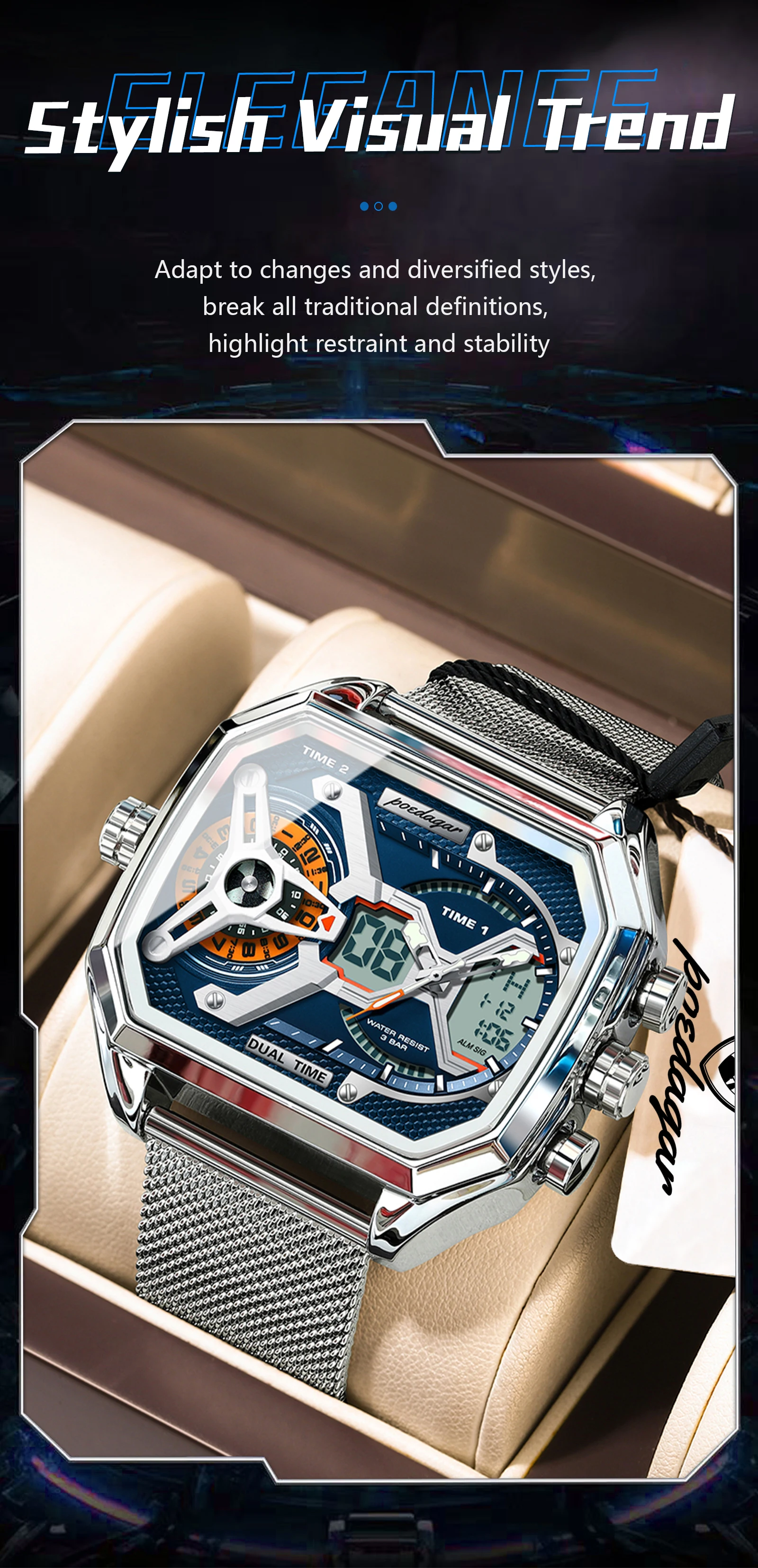 POEDAGAR Top Luxury Digital Men's Watches Stainless Steel Mesh Waterproof Date Week Quartz Man Wristwatch LED Electronic Fashion Sports Men Clock Reloj