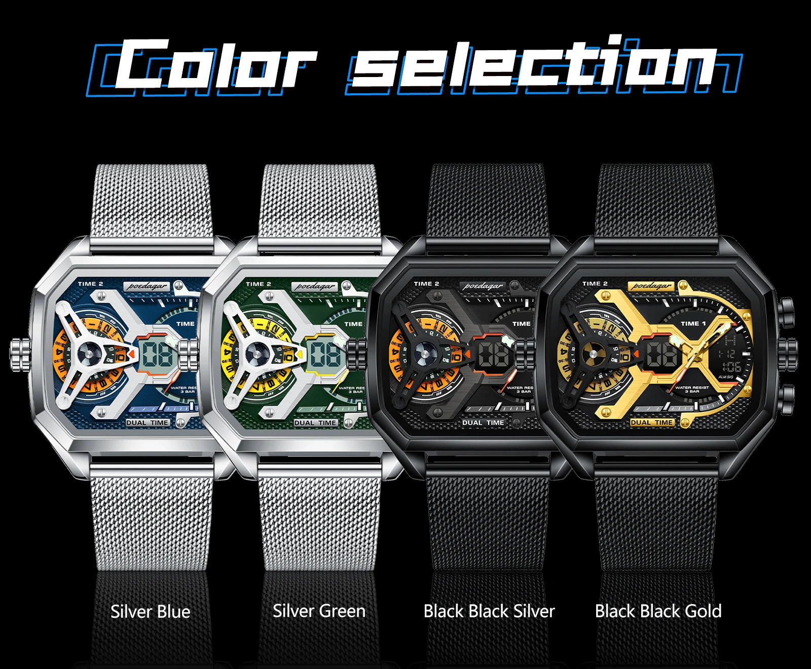 POEDAGAR Top Luxury Digital Men's Watches Stainless Steel Mesh Waterproof Date Week Quartz Man Wristwatch LED Electronic Fashion Sports Men Clock Reloj