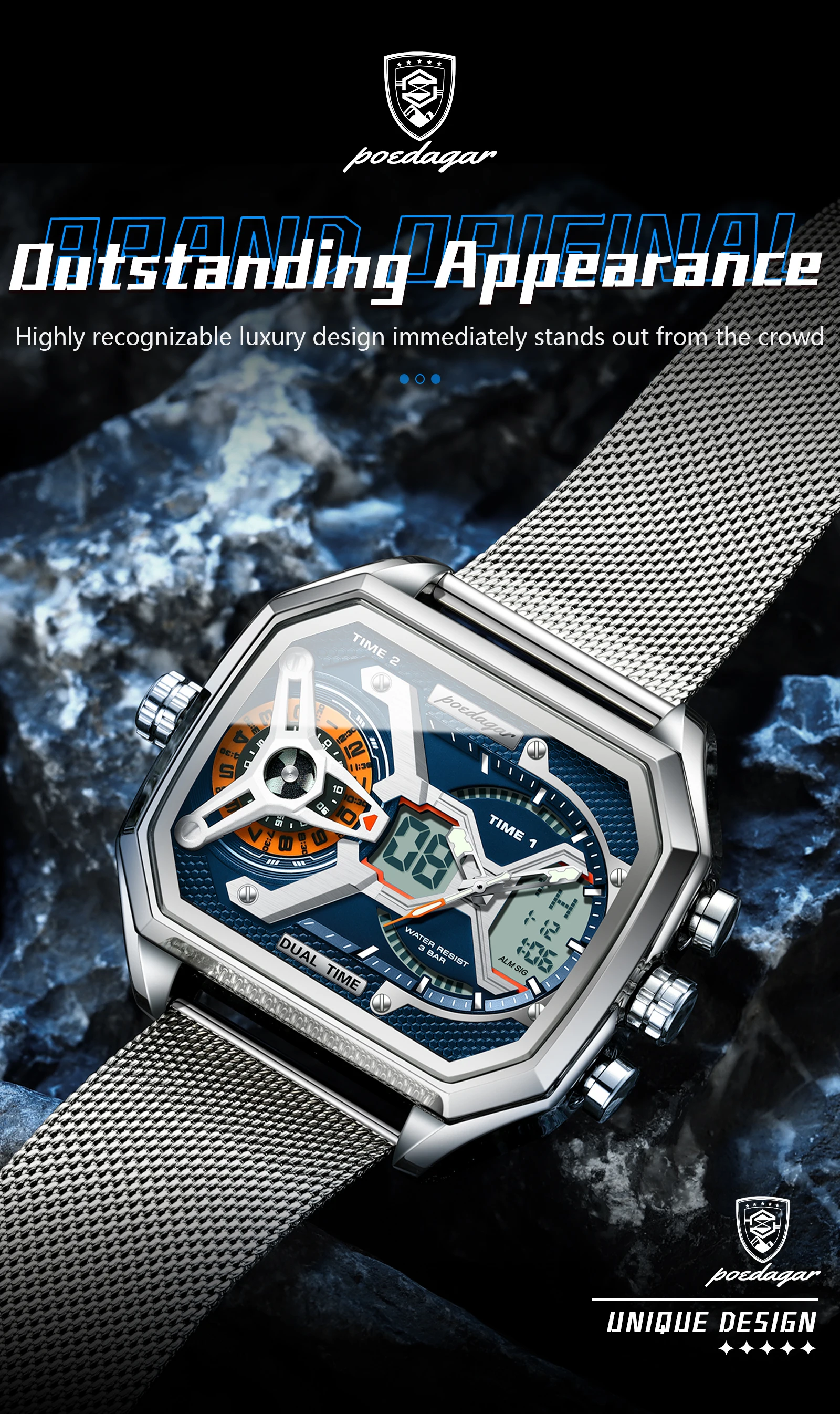 POEDAGAR Top Luxury Digital Men's Watches Stainless Steel Mesh Waterproof Date Week Quartz Man Wristwatch LED Electronic Fashion Sports Men Clock Reloj