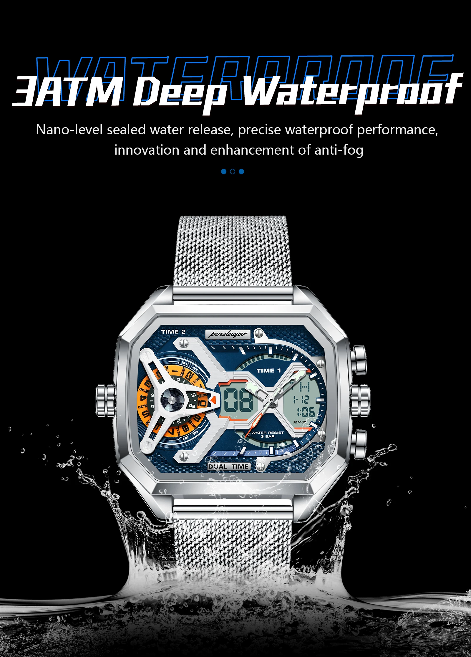 POEDAGAR Top Luxury Digital Men's Watches Stainless Steel Mesh Waterproof Date Week Quartz Man Wristwatch LED Electronic Fashion Sports Men Clock Reloj