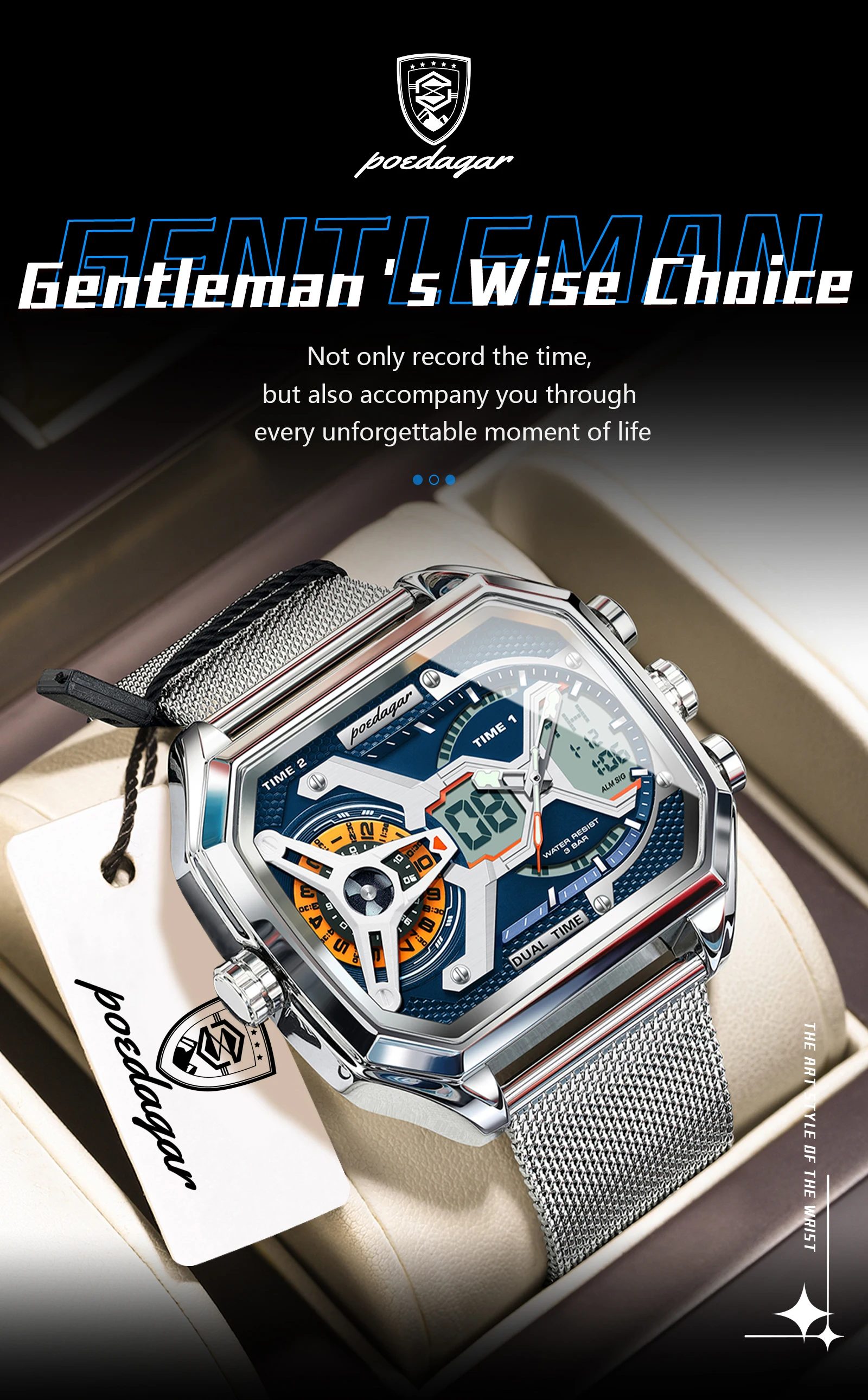 POEDAGAR Top Luxury Digital Men's Watches Stainless Steel Mesh Waterproof Date Week Quartz Man Wristwatch LED Electronic Fashion Sports Men Clock Reloj