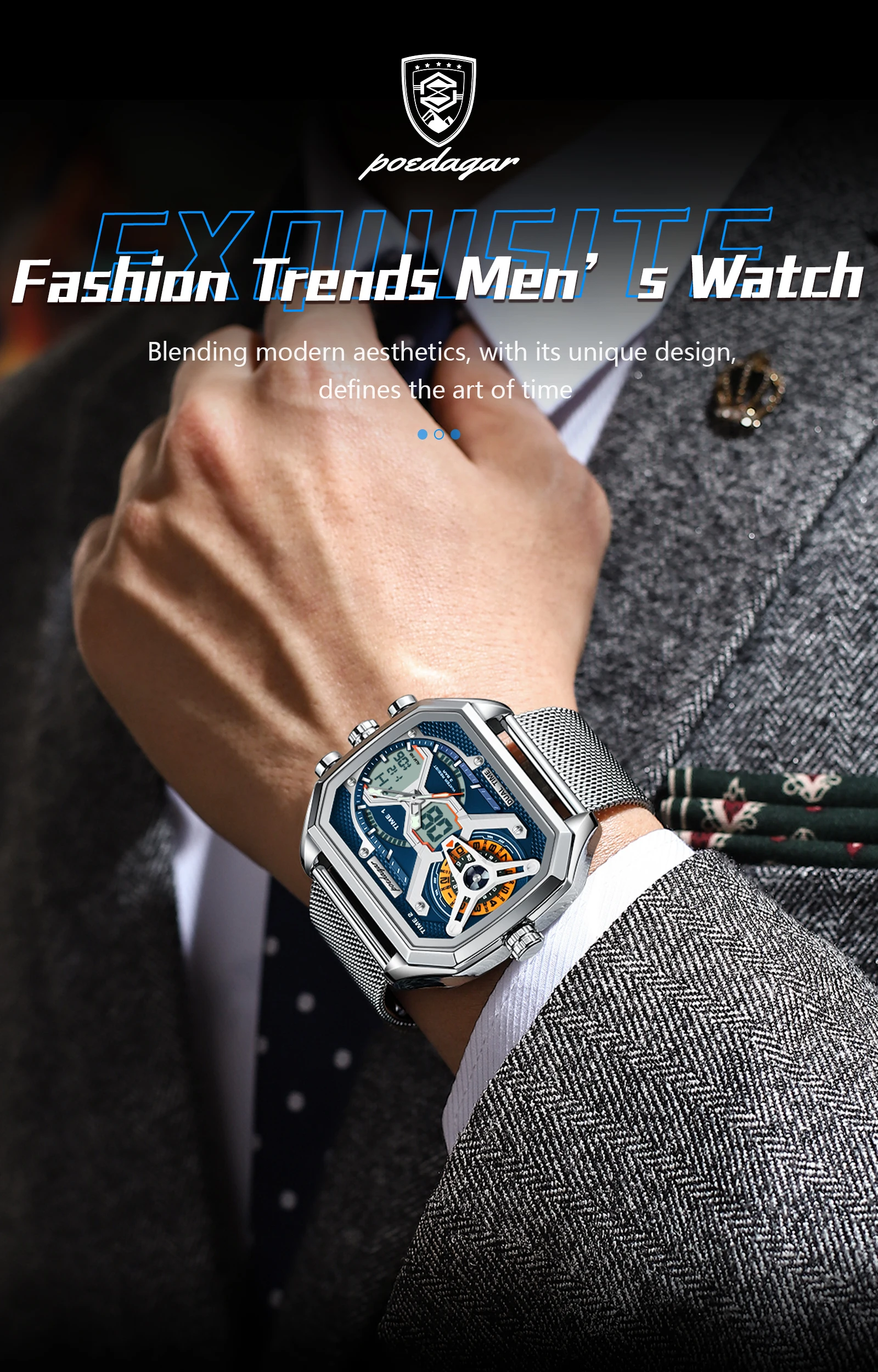 POEDAGAR Top Luxury Digital Men's Watches Stainless Steel Mesh Waterproof Date Week Quartz Man Wristwatch LED Electronic Fashion Sports Men Clock Reloj