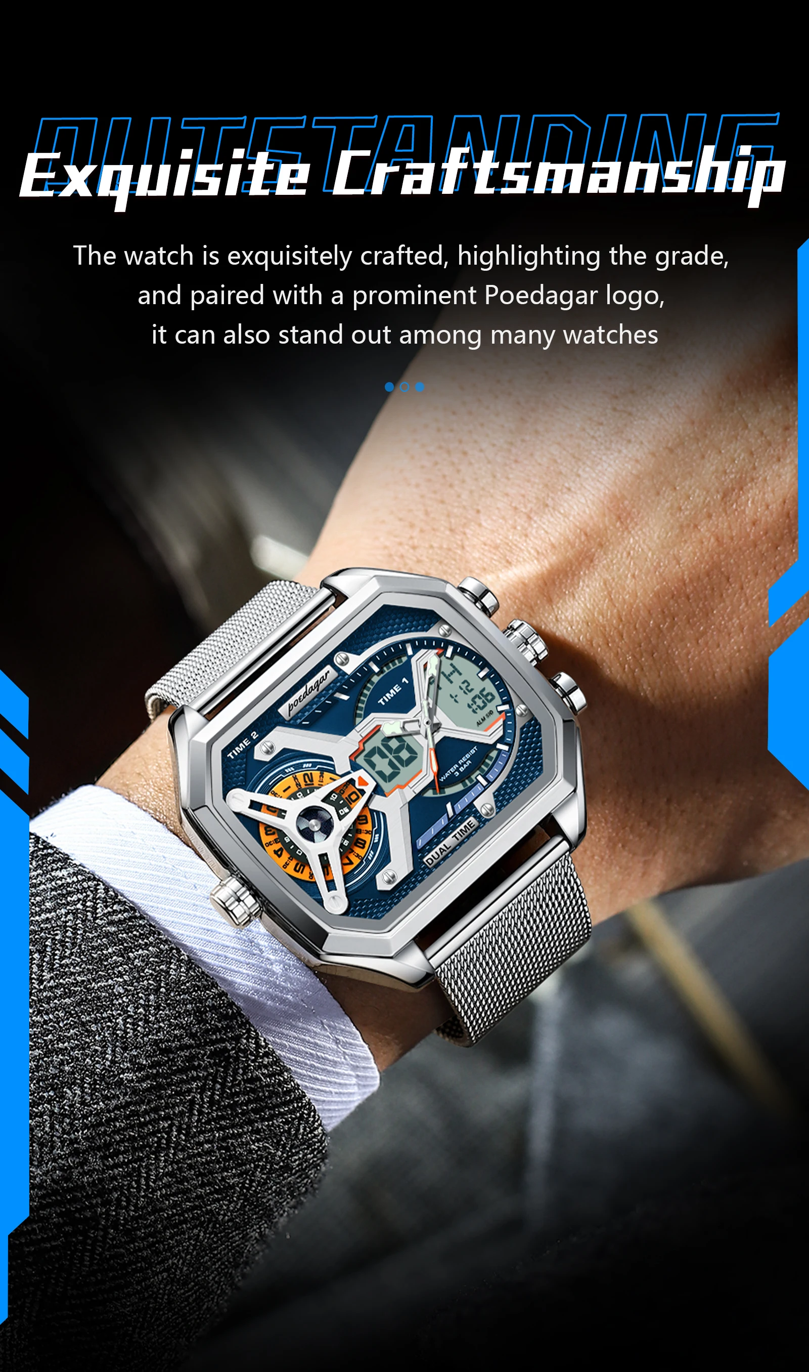 POEDAGAR Top Luxury Digital Men's Watches Stainless Steel Mesh Waterproof Date Week Quartz Man Wristwatch LED Electronic Fashion Sports Men Clock Reloj