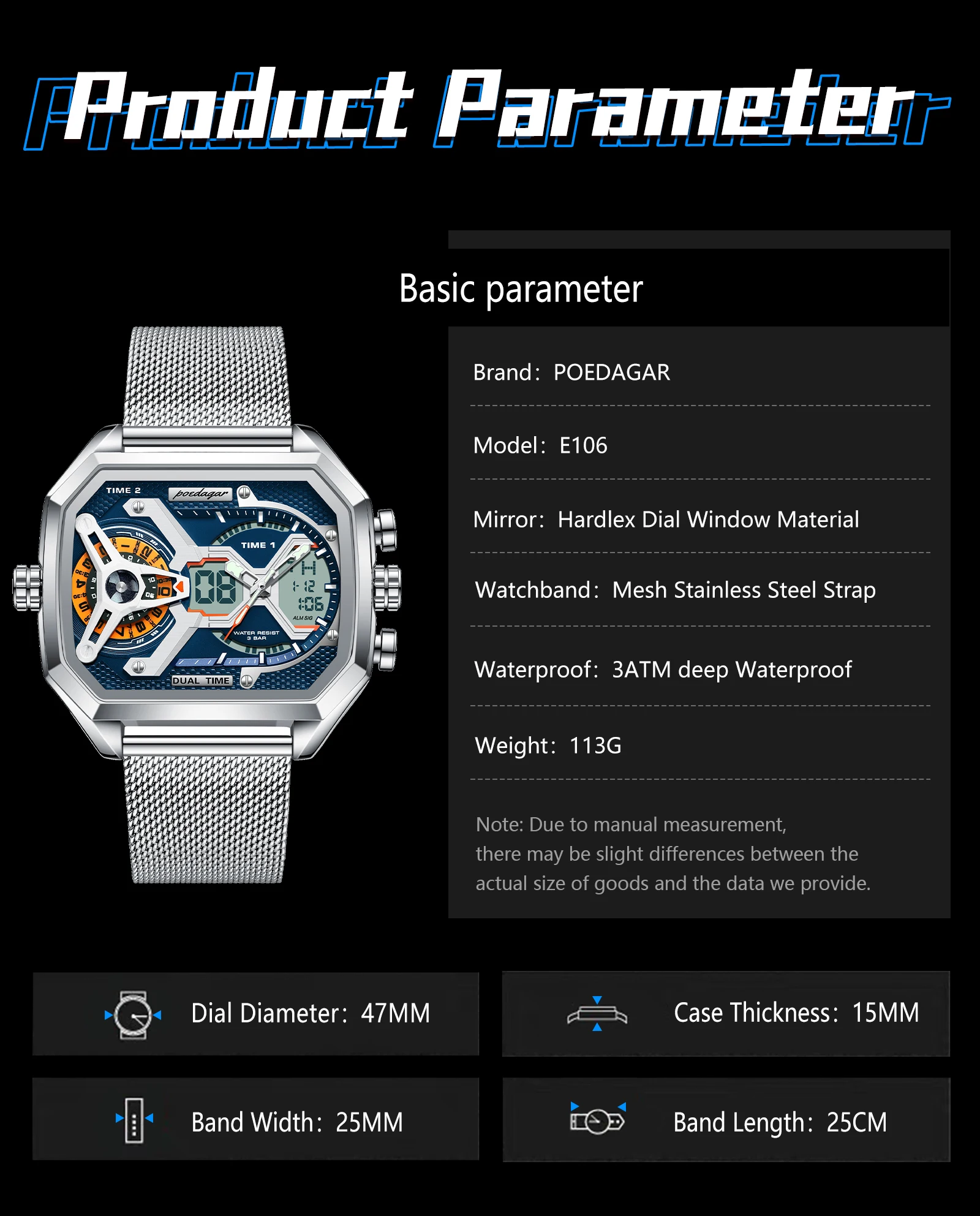 POEDAGAR Top Luxury Digital Men's Watches Stainless Steel Mesh Waterproof Date Week Quartz Man Wristwatch LED Electronic Fashion Sports Men Clock Reloj