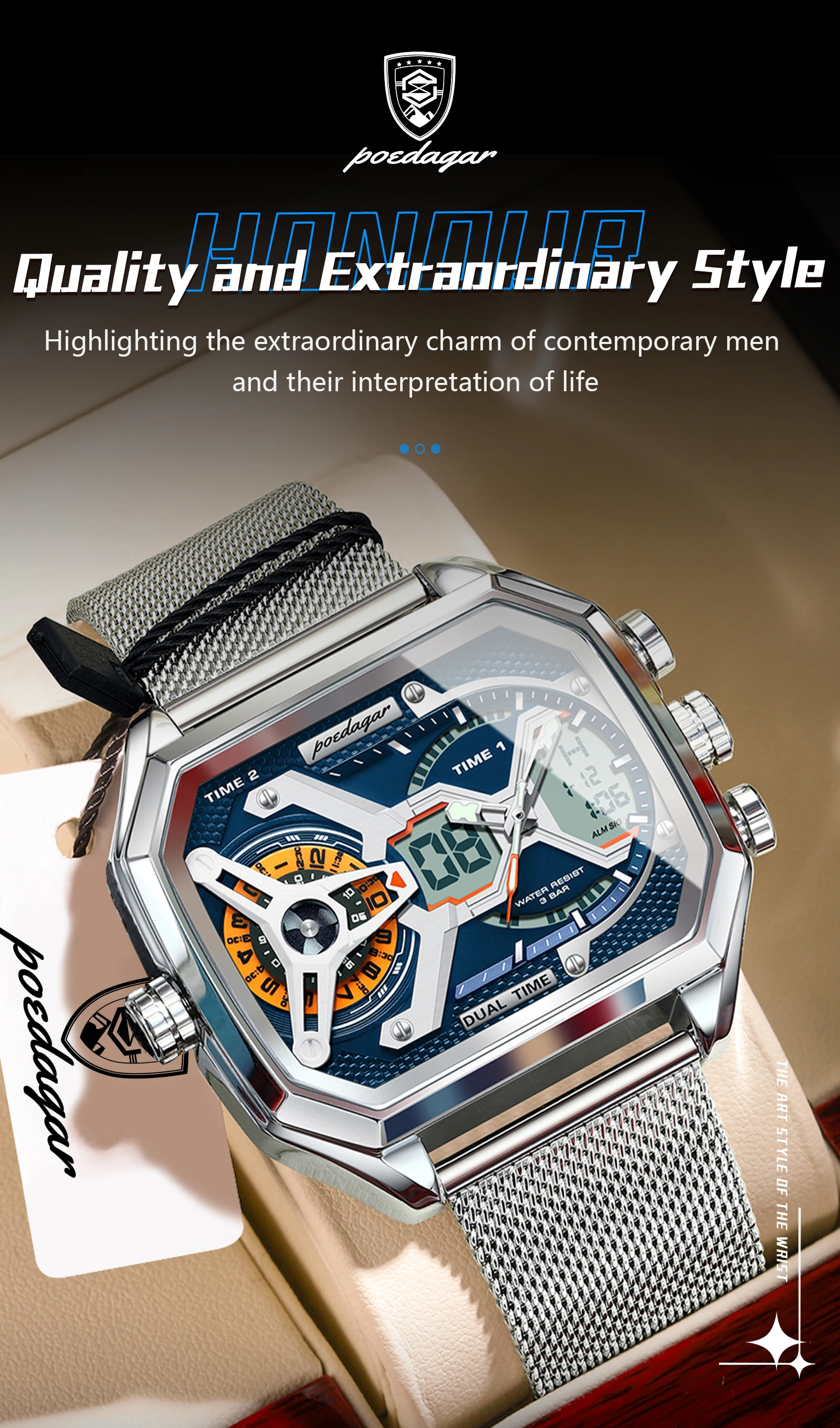 POEDAGAR Top Luxury Digital Men's Watches Stainless Steel Mesh Waterproof Date Week Quartz Man Wristwatch LED Electronic Fashion Sports Men Clock Reloj