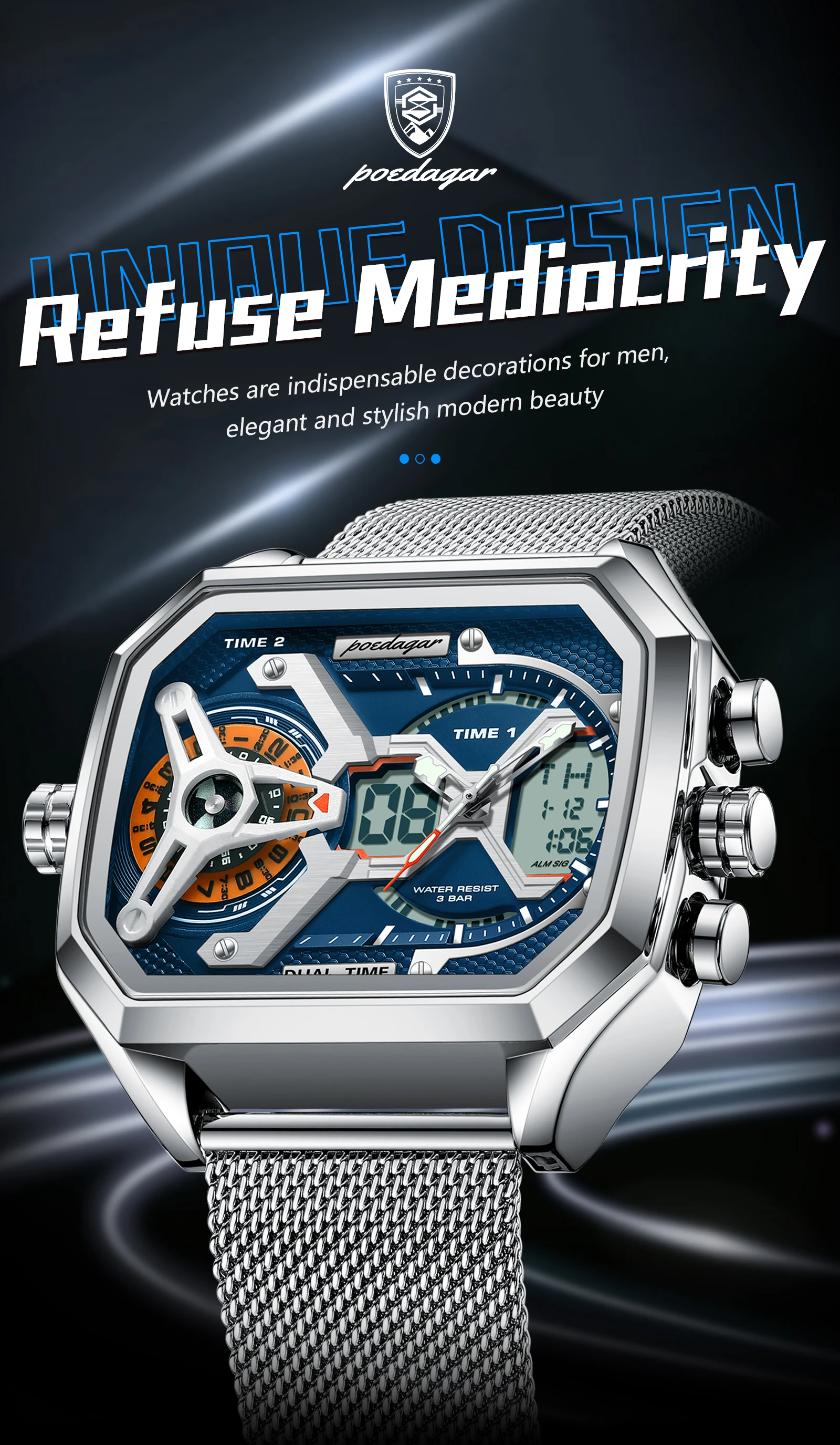 POEDAGAR Top Luxury Digital Men's Watches Stainless Steel Mesh Waterproof Date Week Quartz Man Wristwatch LED Electronic Fashion Sports Men Clock Reloj