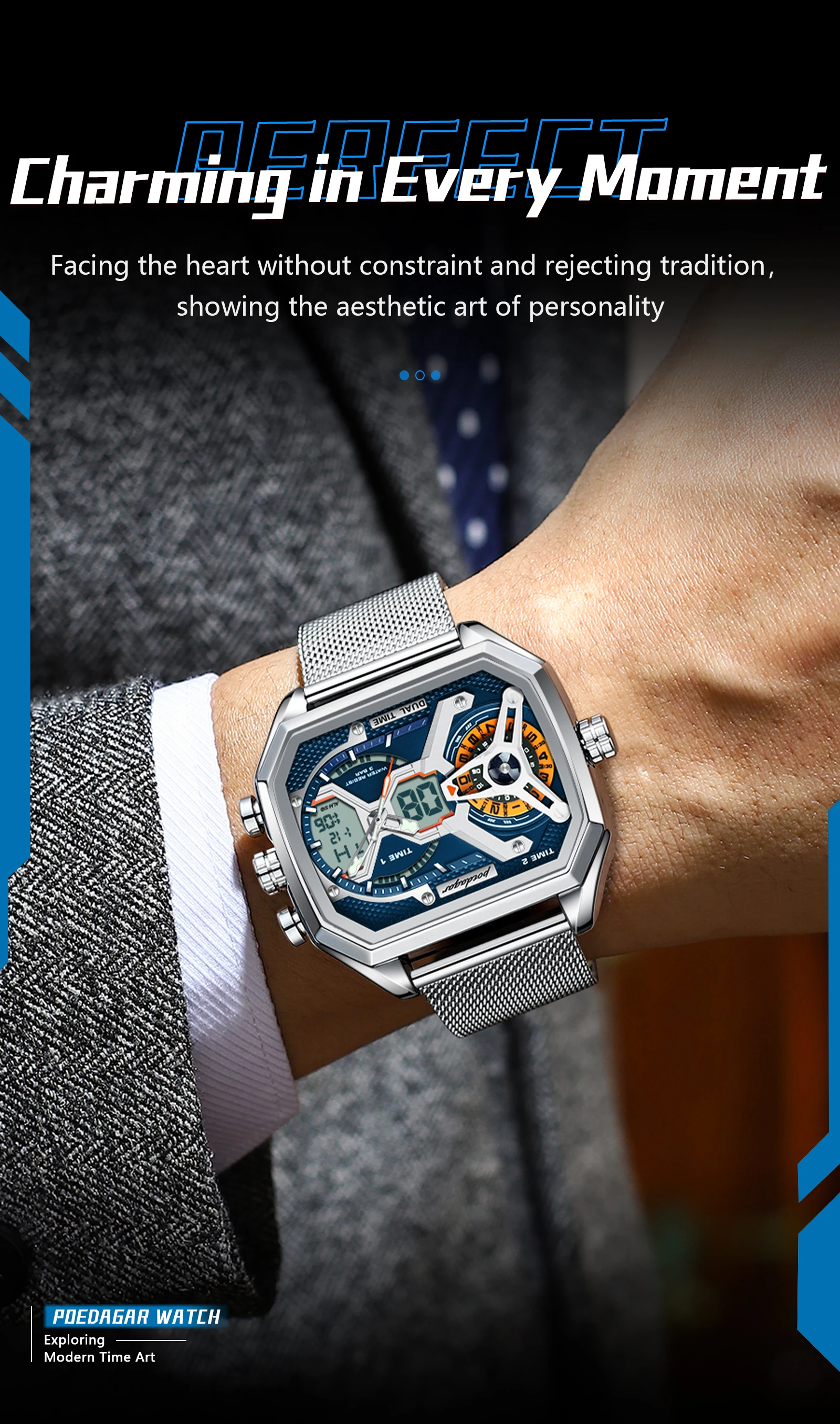 POEDAGAR Top Luxury Digital Men's Watches Stainless Steel Mesh Waterproof Date Week Quartz Man Wristwatch LED Electronic Fashion Sports Men Clock Reloj
