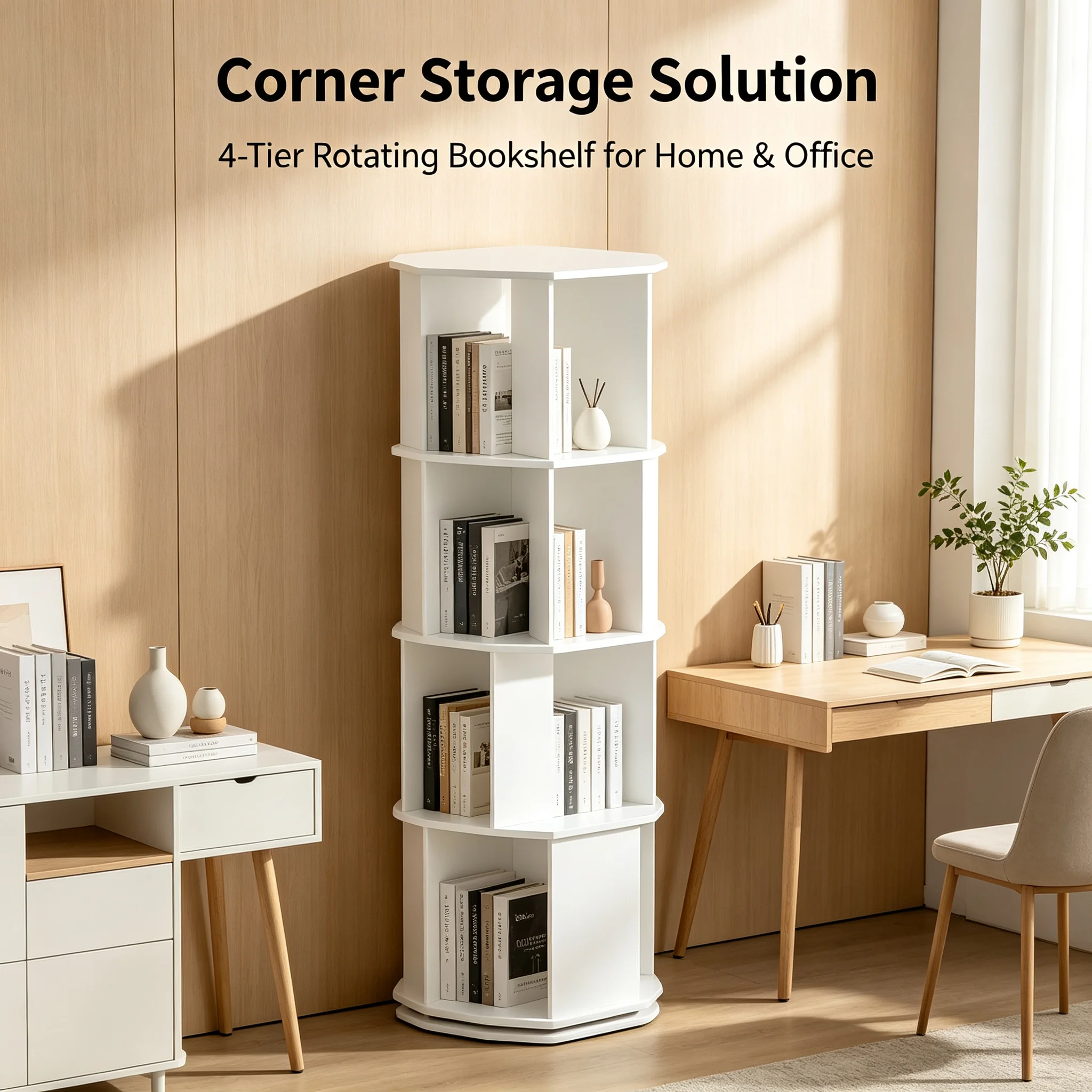 4-Tier Rotating Bookshelf 360° Display Revolving Bookcase, 176 lbs Capacity PVC Wood- Plastic Corner Storage Rack for Bedroom Living Room Study, White