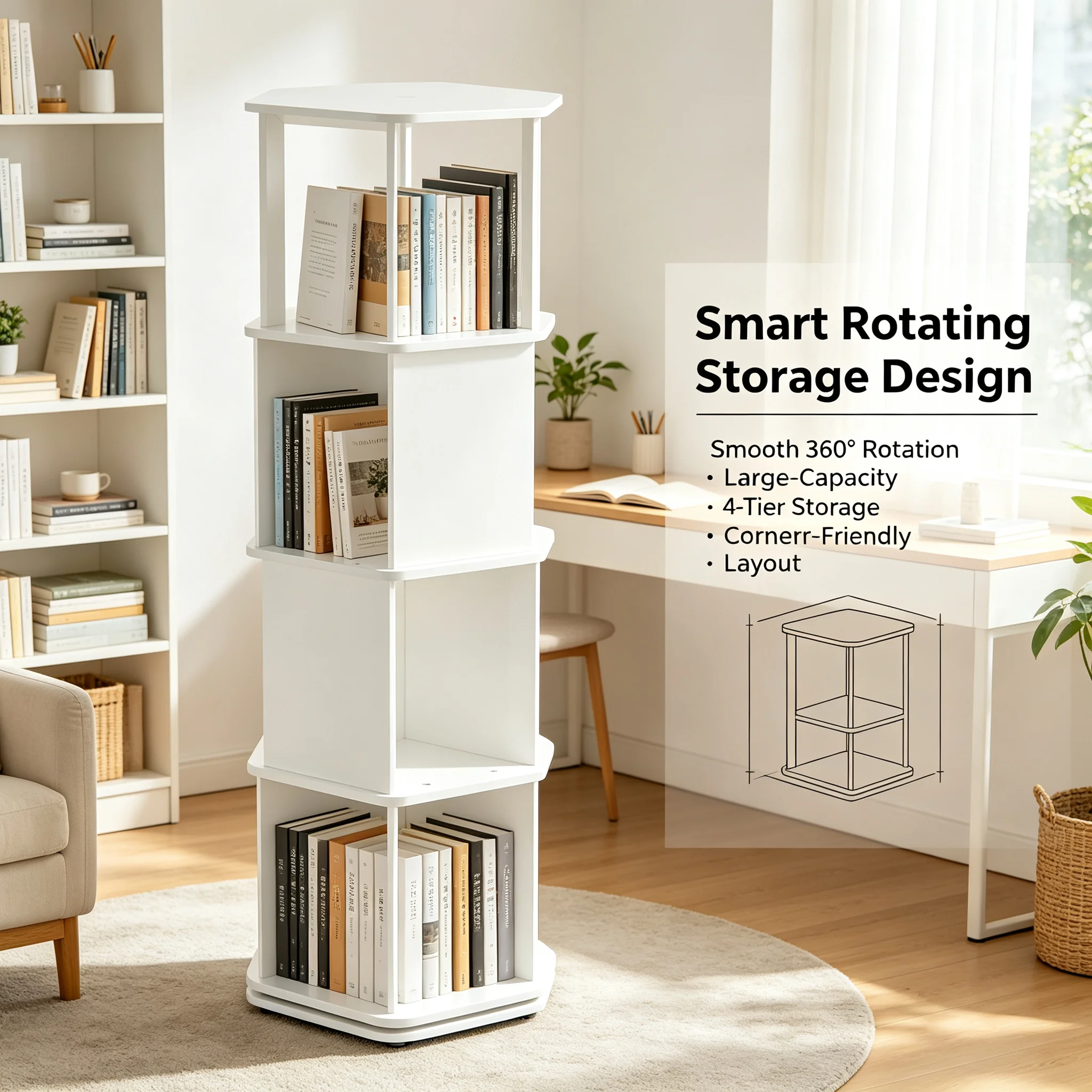 4-Tier Rotating Bookshelf 360° Display Revolving Bookcase, 176 lbs Capacity PVC Wood- Plastic Corner Storage Rack for Bedroom Living Room Study, White