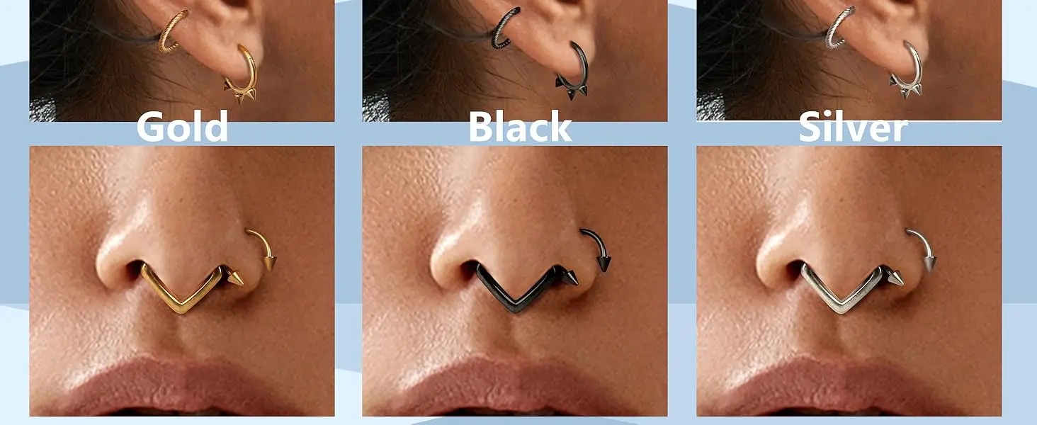 16 Pcs Septum Rings 16G for Women Men Surgical Steel Nose Rings 8MM Hypoallergenic Clicker Hinged Tragus Helix Daith Piercings Jewelry Horseshoe Nose Rings Lip Cartilage Hoops Set