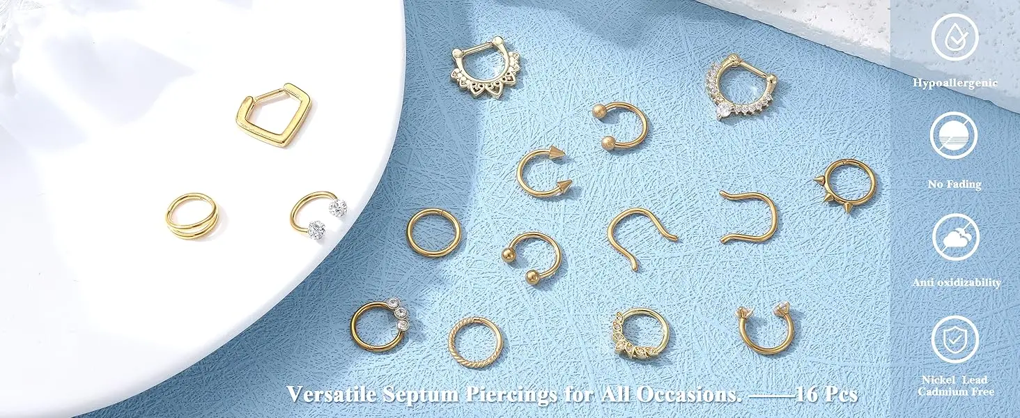16 Pcs Septum Rings 16G for Women Men Surgical Steel Nose Rings 8MM Hypoallergenic Clicker Hinged Tragus Helix Daith Piercings Jewelry Horseshoe Nose Rings Lip Cartilage Hoops Set