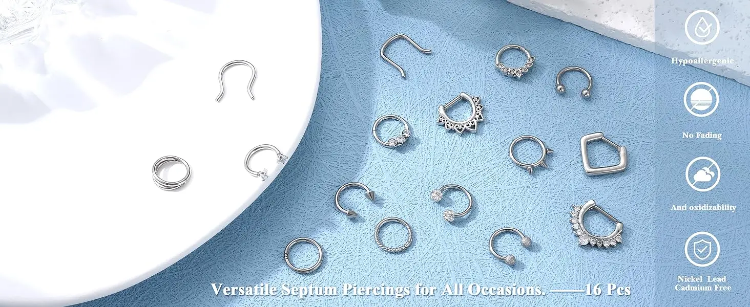 16 Pcs Septum Rings 16G for Women Men Surgical Steel Nose Rings 8MM Hypoallergenic Clicker Hinged Tragus Helix Daith Piercings Jewelry Horseshoe Nose Rings Lip Cartilage Hoops Set