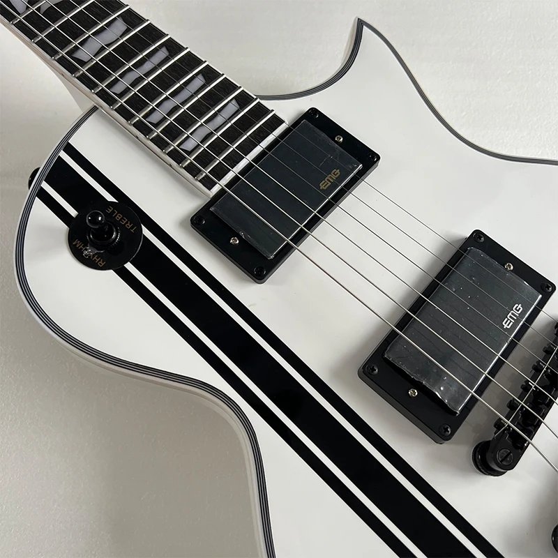 White glossy electric guitar with black stripes, solid wood, black hardware, shipped from a US warehouse, free shipping, dual pickups