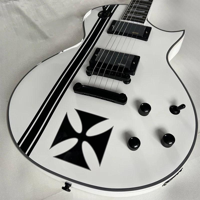 White glossy electric guitar with black stripes, solid wood, black hardware, shipped from a US warehouse, free shipping, dual pickups