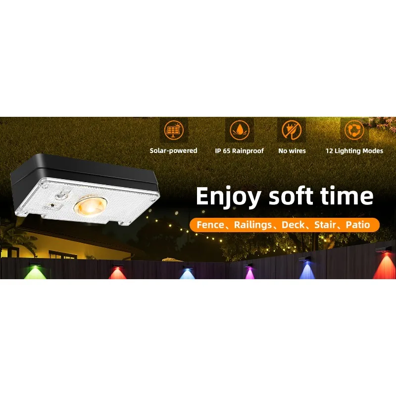 Solar Fence Lights Outdoor Set of 8 Super-bright Lumens Adjustable Three Colour Temperatures and RGB Automatic Dusk-to-Dawn Operation Suitable for Gardens, Railings, Pools, Porches and Backyards (Black Version)