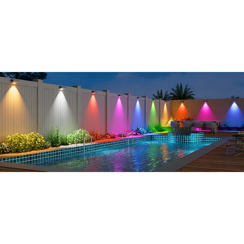 Solar Fence Lights Outdoor Set of 8 Super-bright Lumens Adjustable Three Colour Temperatures and RGB Automatic Dusk-to-Dawn Operation Suitable for Gardens, Railings, Pools, Porches and Backyards (Black Version)