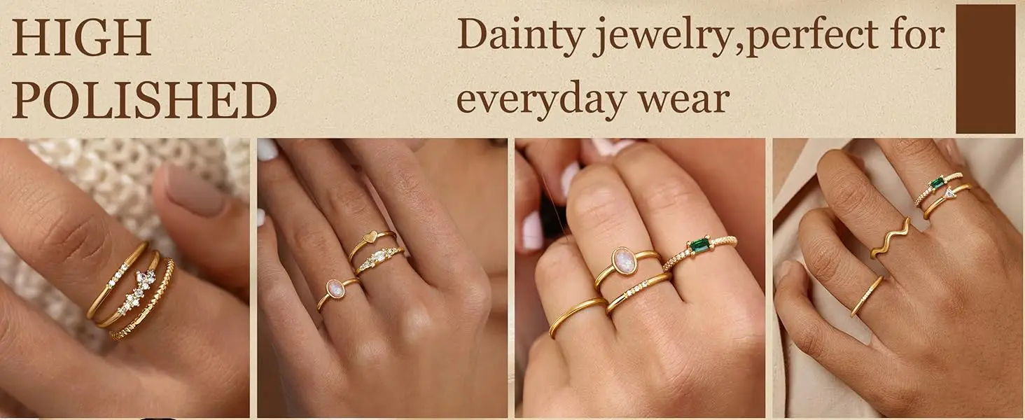 10Pcs 14K Gold Plated Stacking Rings for Women Simple Dainty Stackable Knuckle Thumb Rings Heart CZ Opal Rings Plain Band Size 5-11