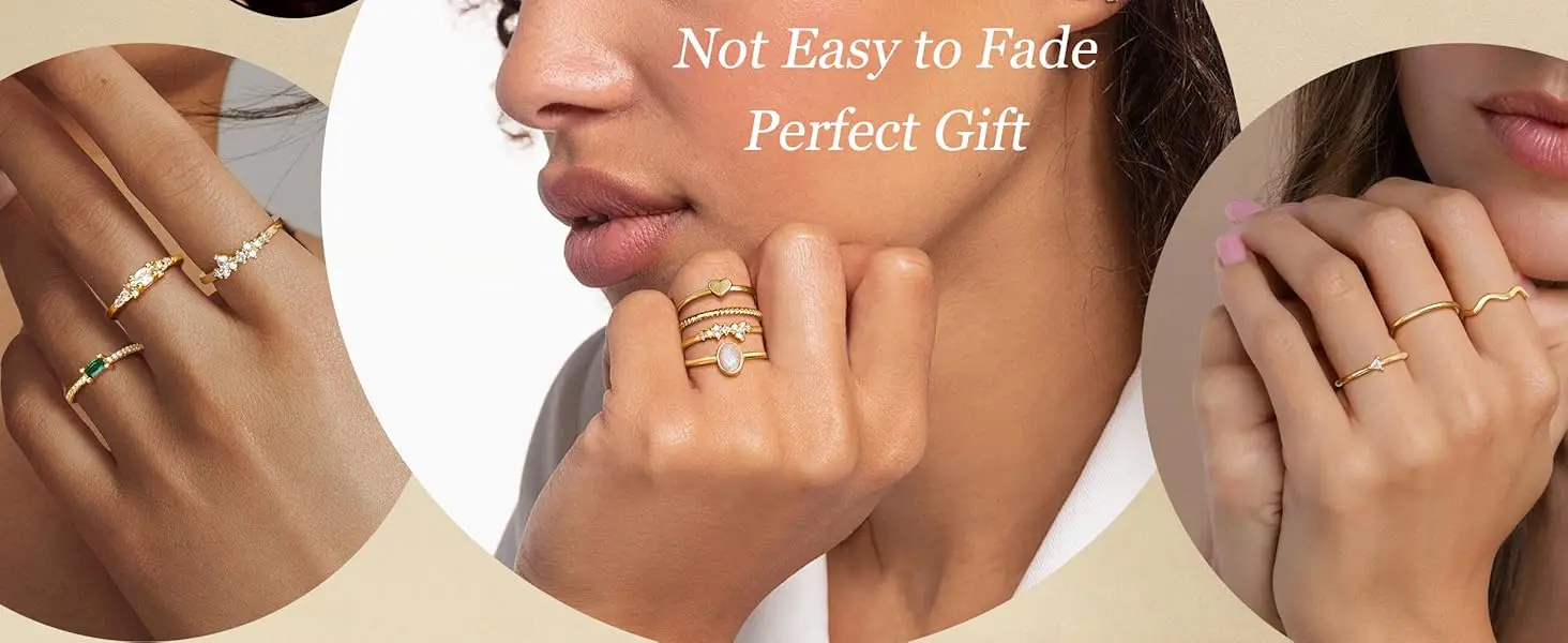 10Pcs 14K Gold Plated Stacking Rings for Women Simple Dainty Stackable Knuckle Thumb Rings Heart CZ Opal Rings Plain Band Size 5-11