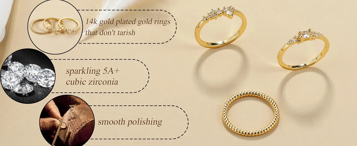 10Pcs 14K Gold Plated Stacking Rings for Women Simple Dainty Stackable Knuckle Thumb Rings Heart CZ Opal Rings Plain Band Size 5-11