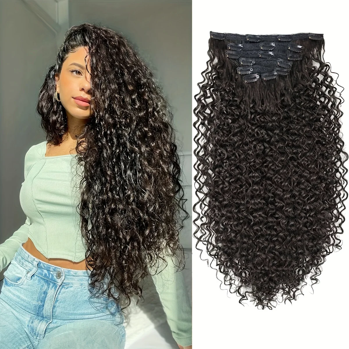 Synthetic Curly Clip in Hair Extensions Kinky Curly Hairpieces Clip on Full Head Fake Pieces Black Brown Hair for Women