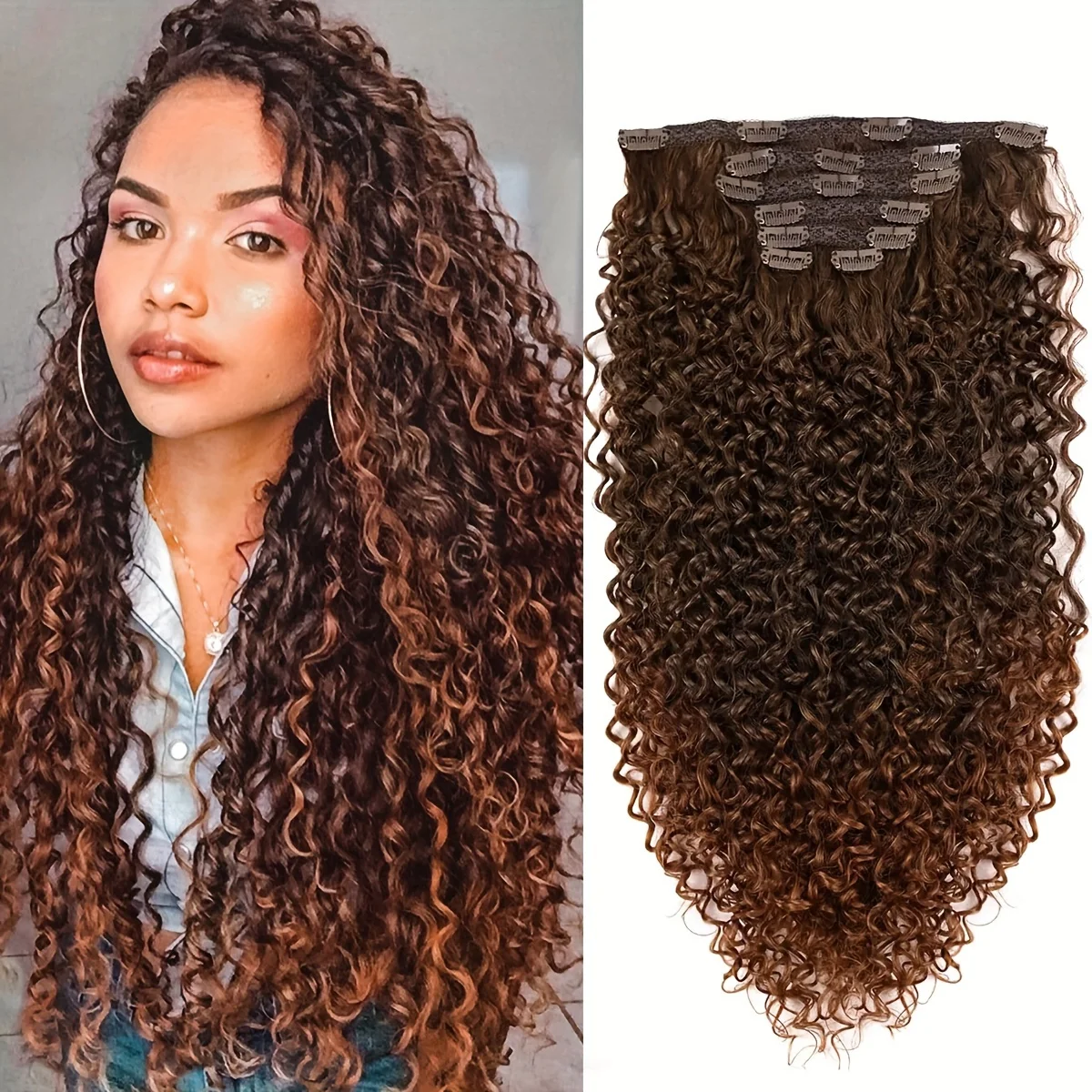 Synthetic Curly Clip in Hair Extensions Kinky Curly Hairpieces Clip on Full Head Fake Pieces Black Brown Hair for Women