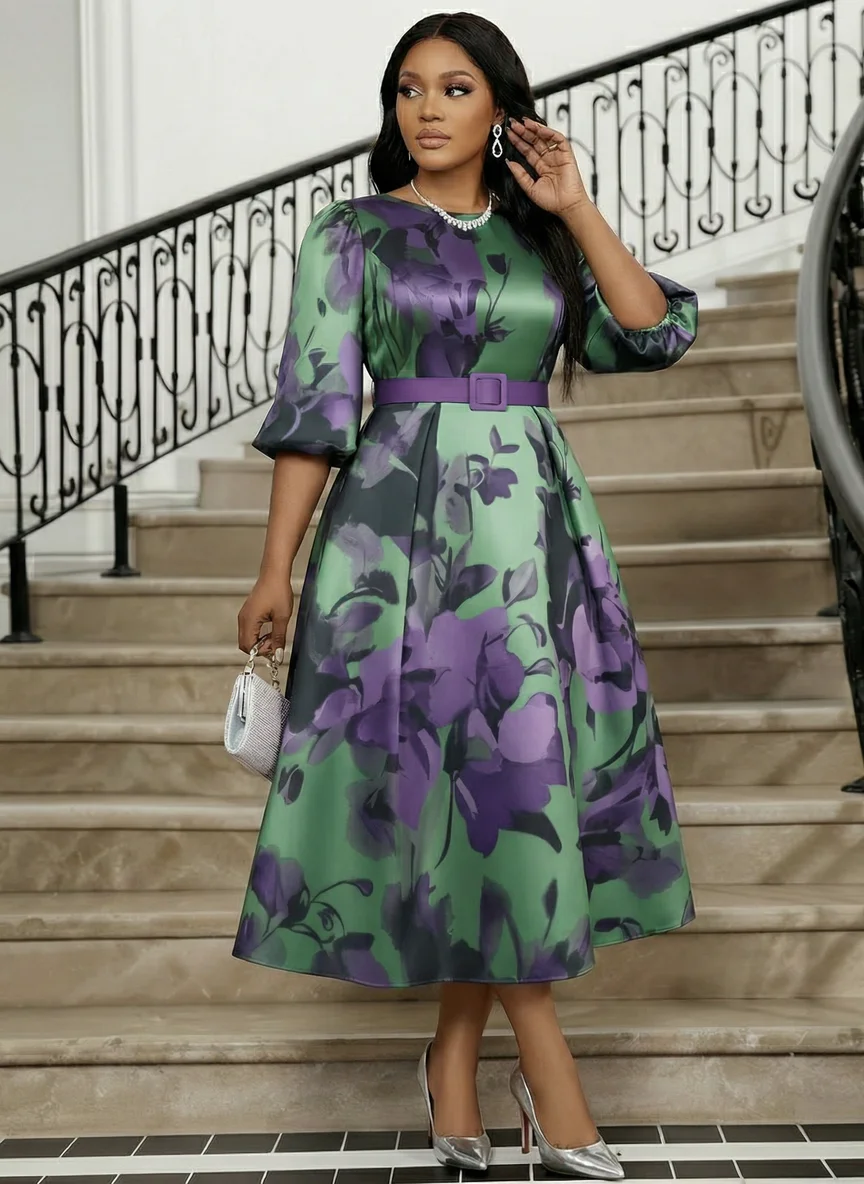 Women Plus Size Round Neck Puff Three Quarter Sleeve Floral Print Midi Dress Elegant A Line Flared Dress For Wedding Guest Formal Occasion
