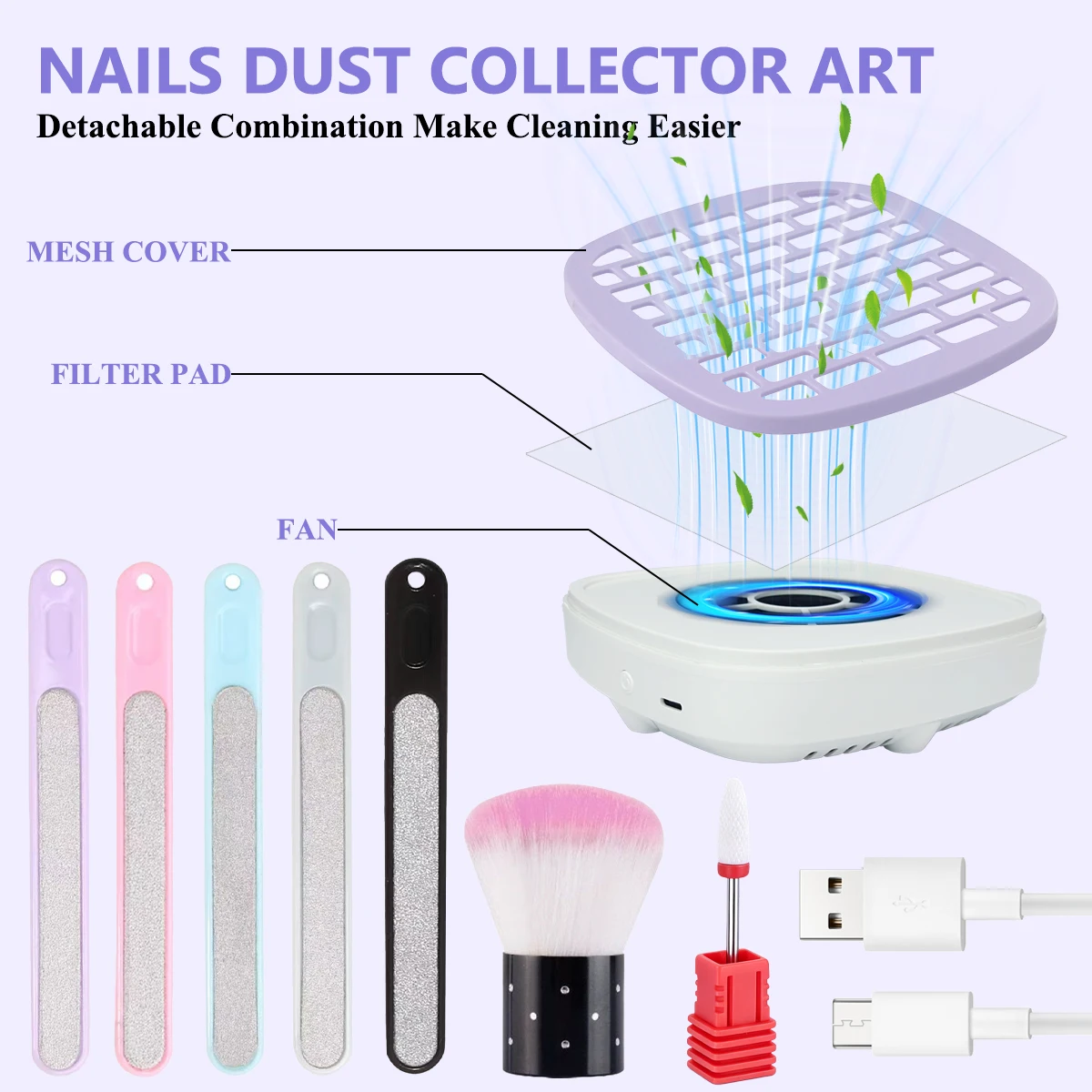 Mini Nail Dust Collector, Low‑Noise Nail Vacuum Fan, USB‑C Powered Nail Dust Suction Machine (No Built‑in Battery) with Filter Papers, Nail Files, Cleaning Brush & Drill Bit, Professional Nail Art Salon Supplies