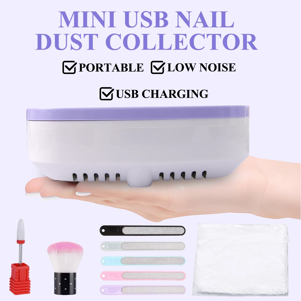 Mini Nail Dust Collector, Low‑Noise Nail Vacuum Fan, USB‑C Powered Nail Dust Suction Machine (No Built‑in Battery) with Filter Papers, Nail Files, Cleaning Brush & Drill Bit, Professional Nail Art Salon Supplies