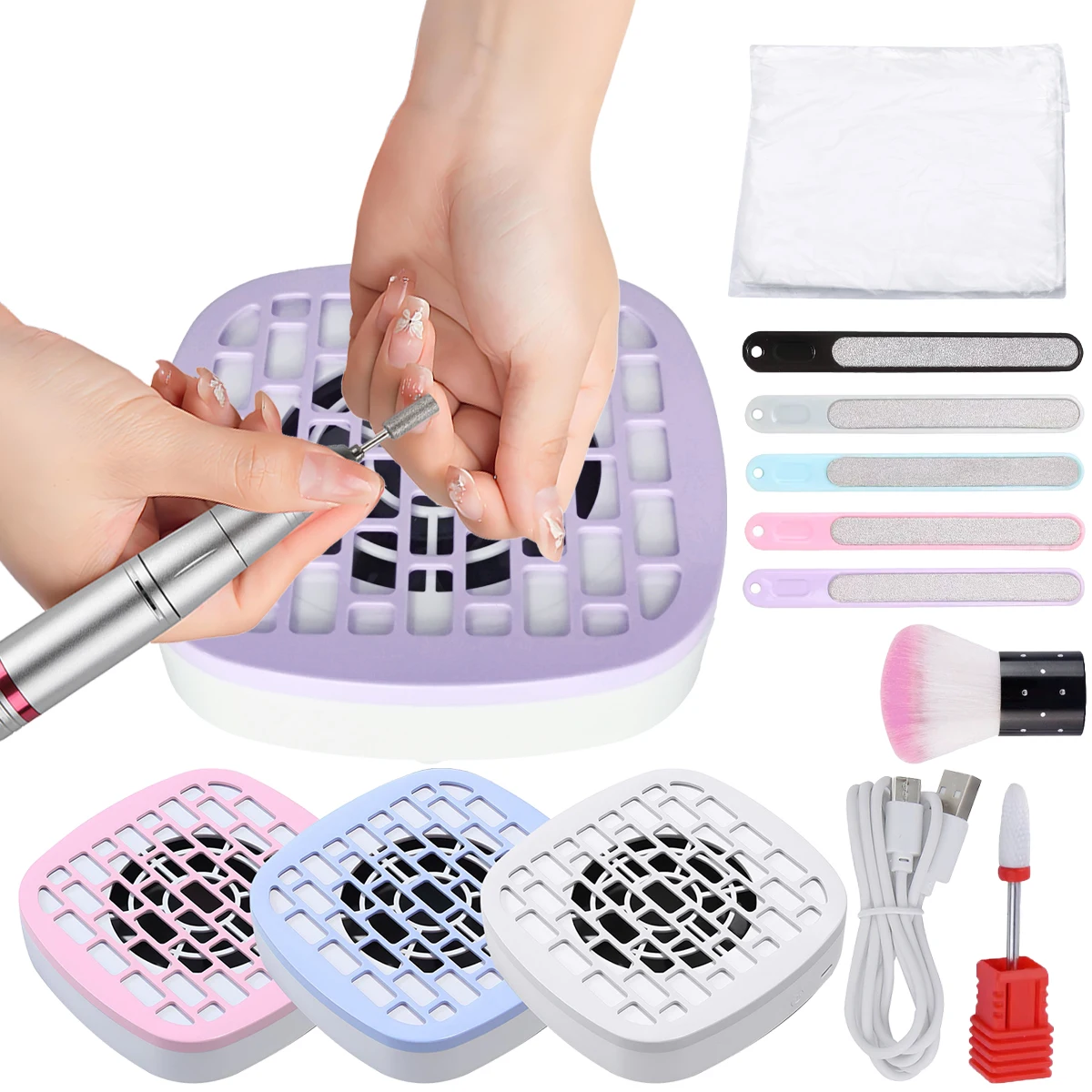 Mini Nail Dust Collector, Low‑Noise Nail Vacuum Fan, USB‑C Powered Nail Dust Suction Machine (No Built‑in Battery) with Filter Papers, Nail Files, Cleaning Brush & Drill Bit, Professional Nail Art Salon Supplies