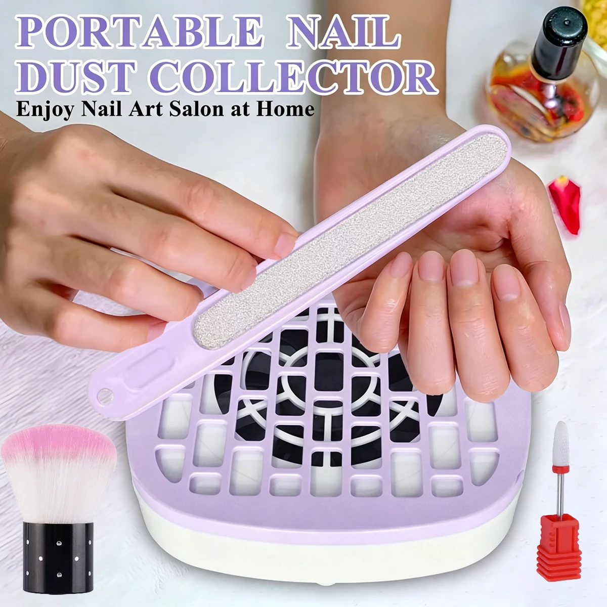 Mini Nail Dust Collector, Low‑Noise Nail Vacuum Fan, USB‑C Powered Nail Dust Suction Machine (No Built‑in Battery) with Filter Papers, Nail Files, Cleaning Brush & Drill Bit, Professional Nail Art Salon Supplies