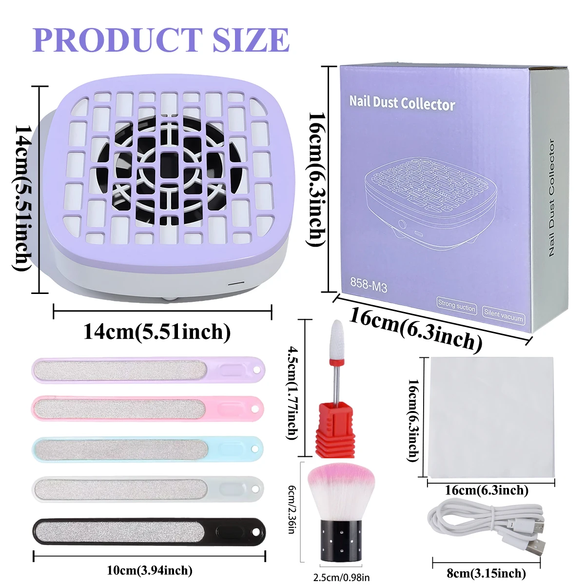Mini Nail Dust Collector, Low‑Noise Nail Vacuum Fan, USB‑C Powered Nail Dust Suction Machine (No Built‑in Battery) with Filter Papers, Nail Files, Cleaning Brush & Drill Bit, Professional Nail Art Salon Supplies