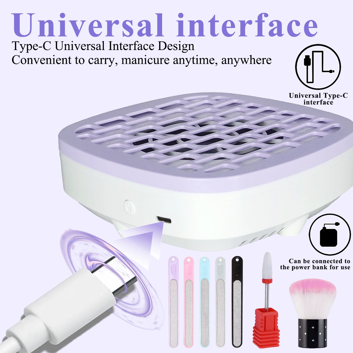 Mini Nail Dust Collector, Low‑Noise Nail Vacuum Fan, USB‑C Powered Nail Dust Suction Machine (No Built‑in Battery) with Filter Papers, Nail Files, Cleaning Brush & Drill Bit, Professional Nail Art Salon Supplies