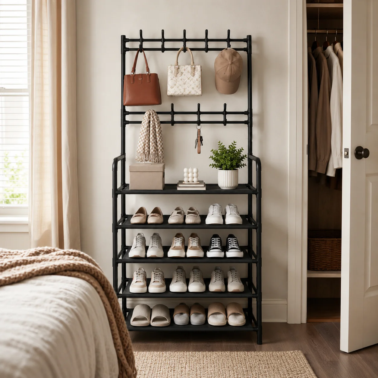 White5 Tier Shoe Rack with Hooks, Space Saving Entryway Organizer for Shoes, Bags, Hats, Closet & Bedroom