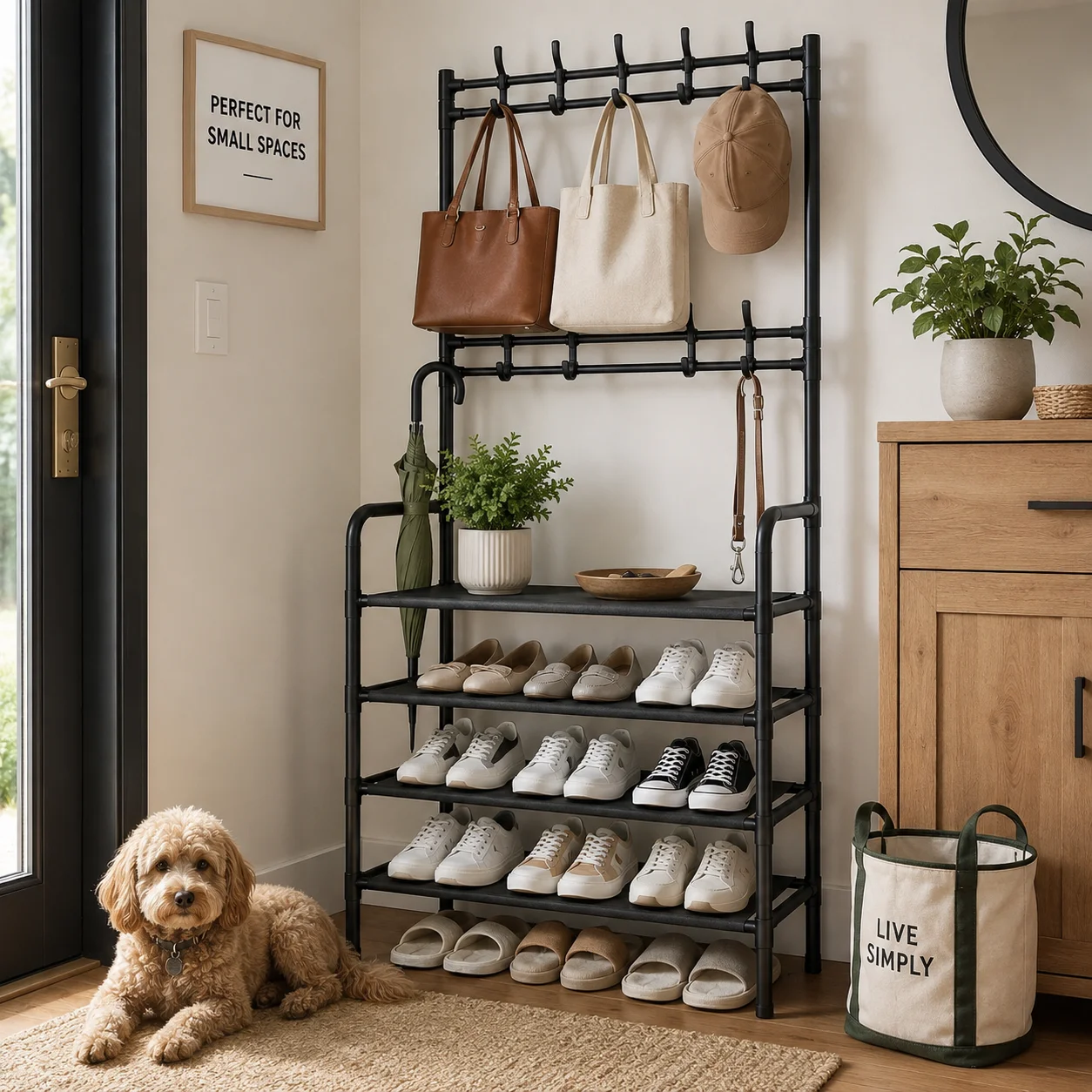White5 Tier Shoe Rack with Hooks, Space Saving Entryway Organizer for Shoes, Bags, Hats, Closet & Bedroom