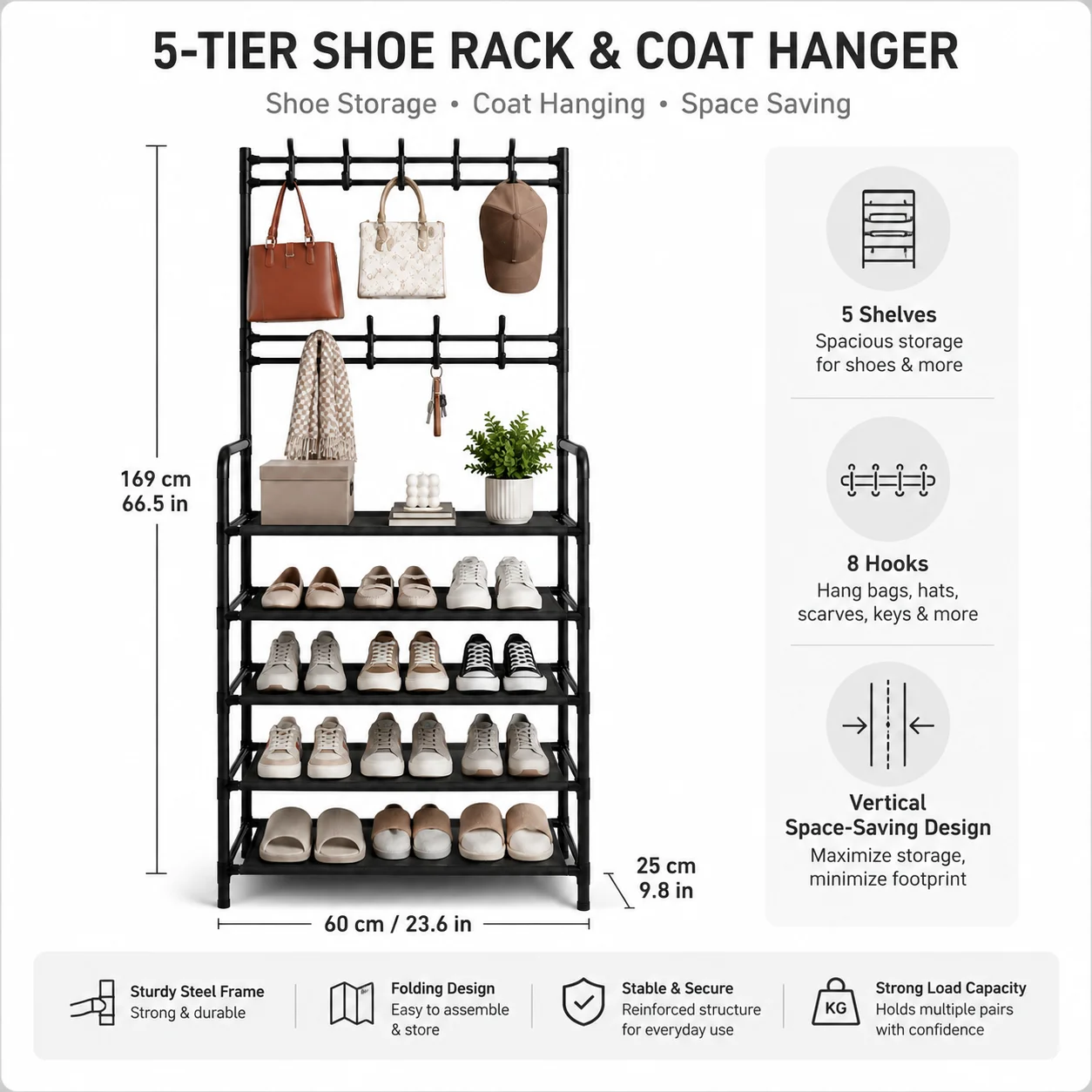 White5 Tier Shoe Rack with Hooks, Space Saving Entryway Organizer for Shoes, Bags, Hats, Closet & Bedroom