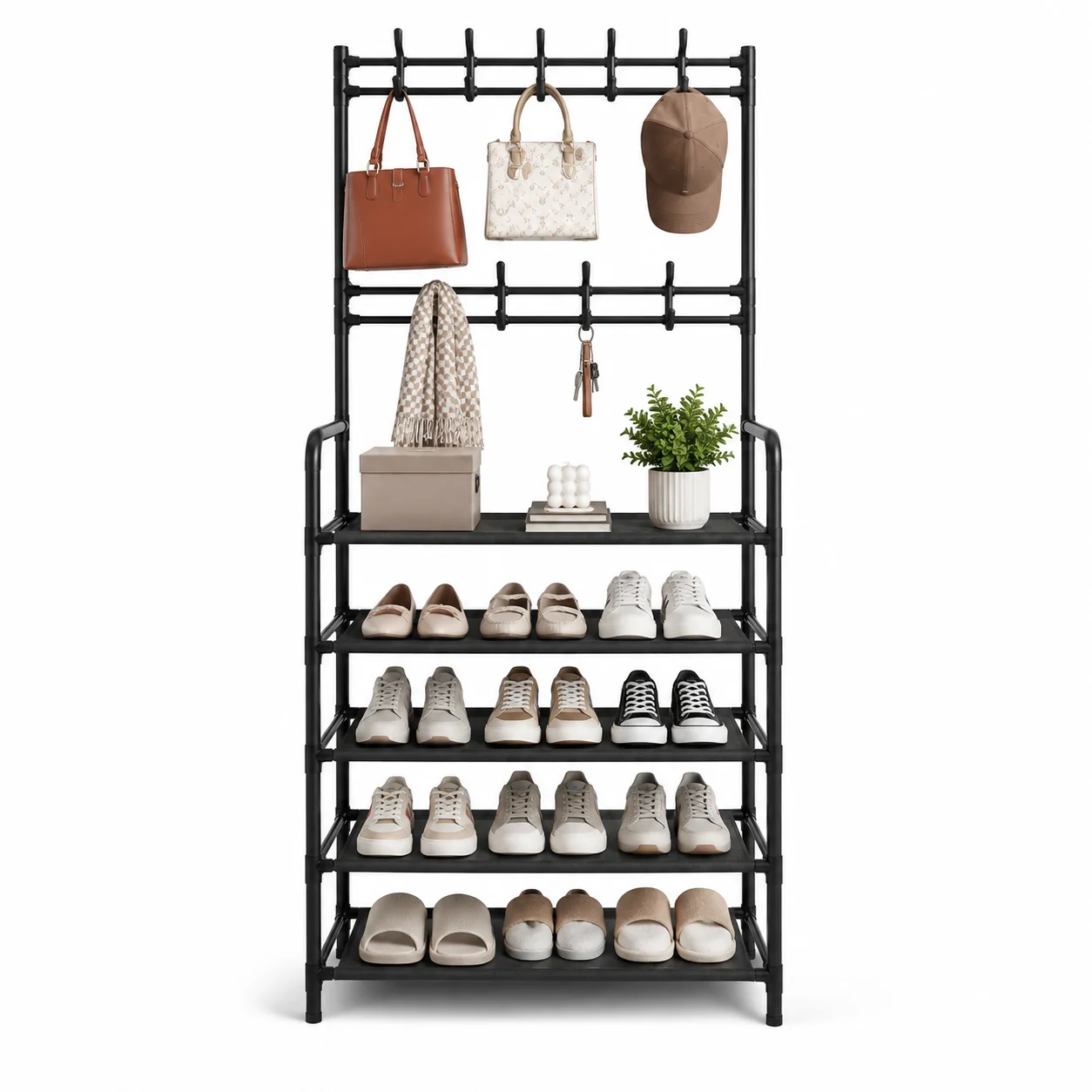 White5 Tier Shoe Rack with Hooks, Space Saving Entryway Organizer for Shoes, Bags, Hats, Closet & Bedroom