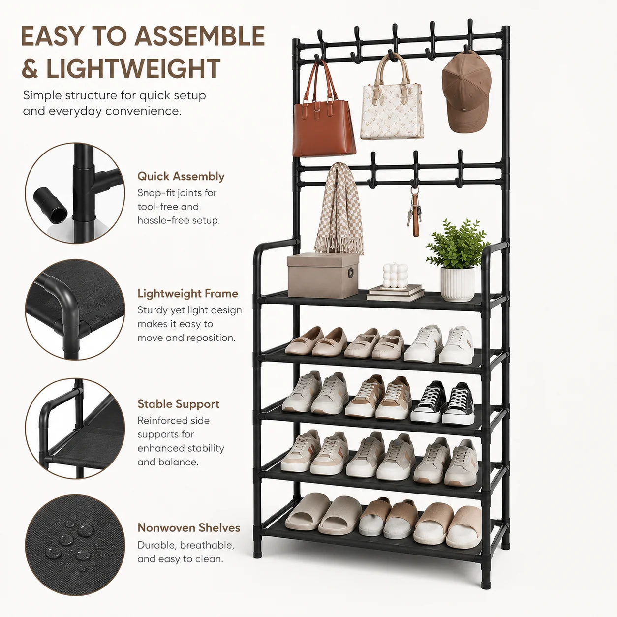 White5 Tier Shoe Rack with Hooks, Space Saving Entryway Organizer for Shoes, Bags, Hats, Closet & Bedroom