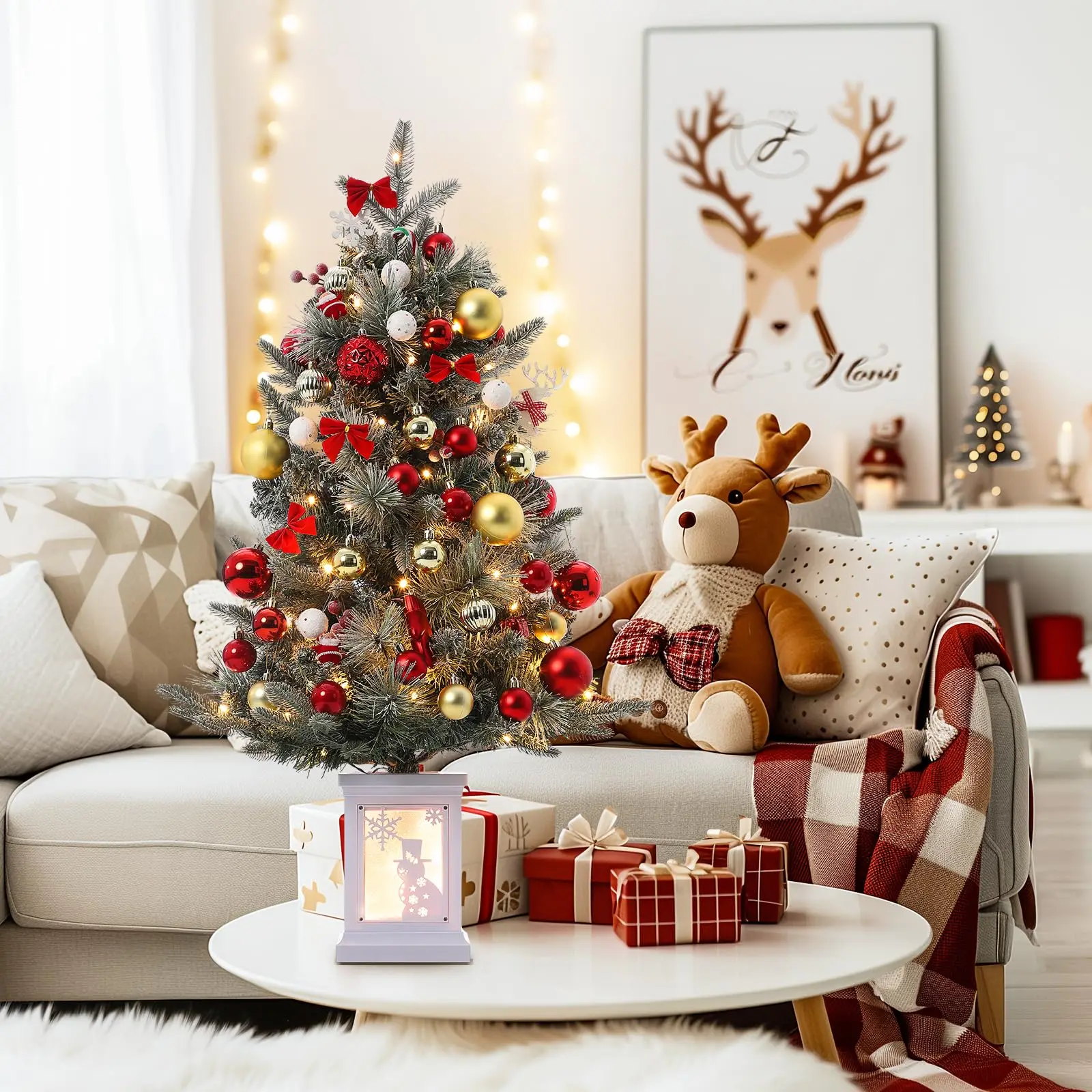 3FT Prelit Artificial Christmas Tree with Lights 3 Foot Artificial Christmas Tree with Snowflake Base 78 LED Prelit Christmas Tree Battery Operated Timer Easy Assembly Winter Holiday Decor