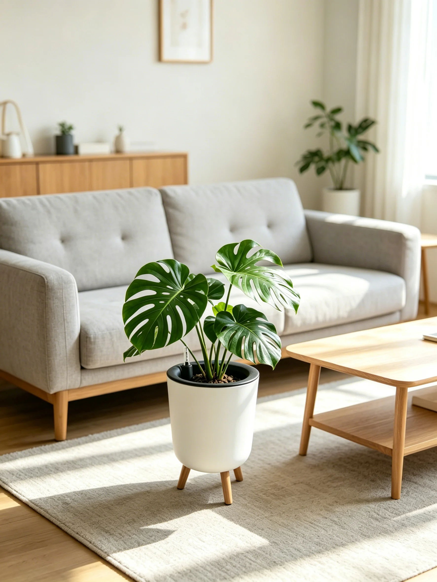 Self‑Watering Indoor Floor Planter, White Large Cylindrical Flower Pot With Natural Wooden Leg Stand, Water‑Level Gauge Decorative Houseplant Container for Home Office