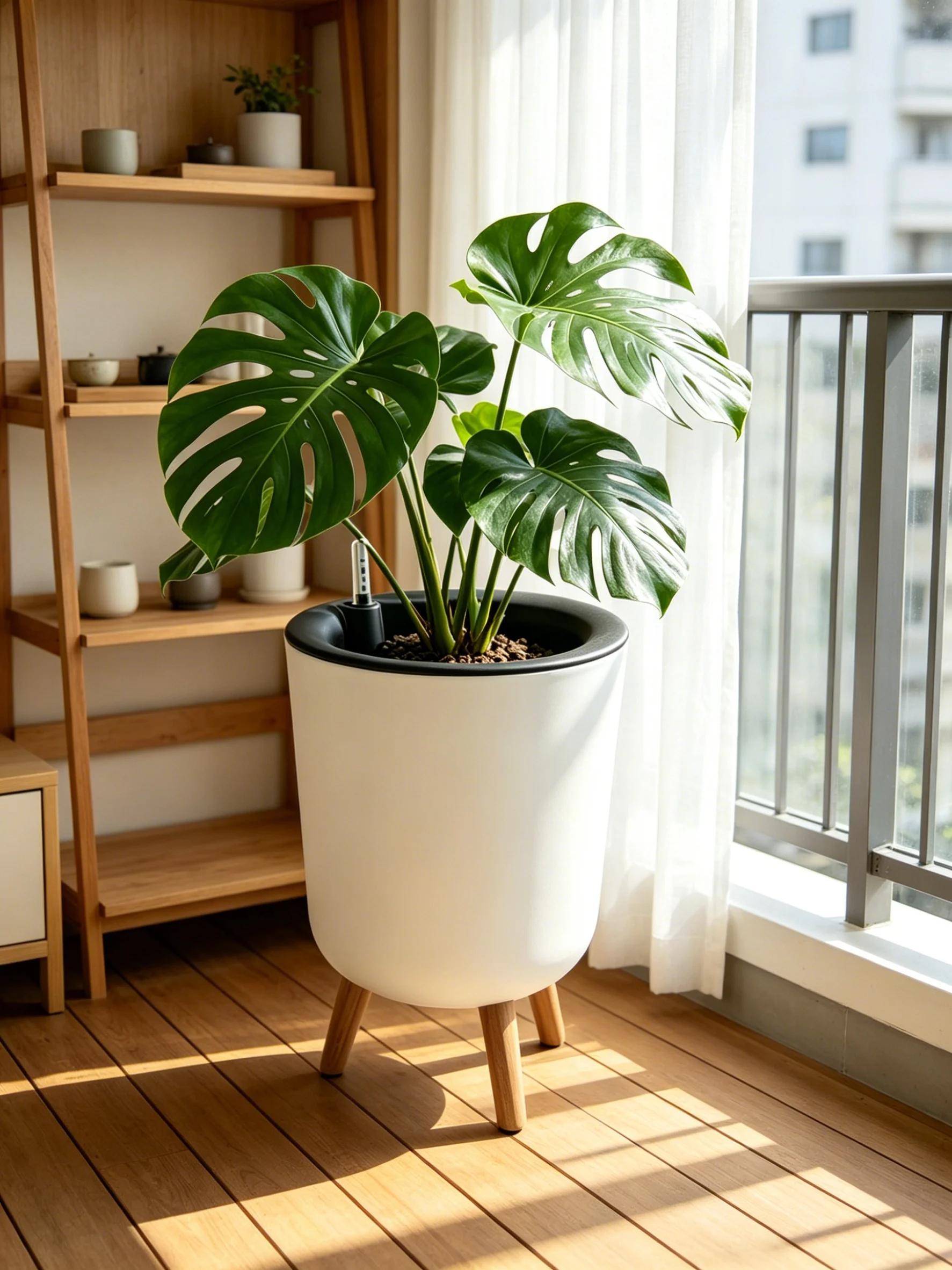 Self‑Watering Indoor Floor Planter, White Large Cylindrical Flower Pot With Natural Wooden Leg Stand, Water‑Level Gauge Decorative Houseplant Container for Home Office